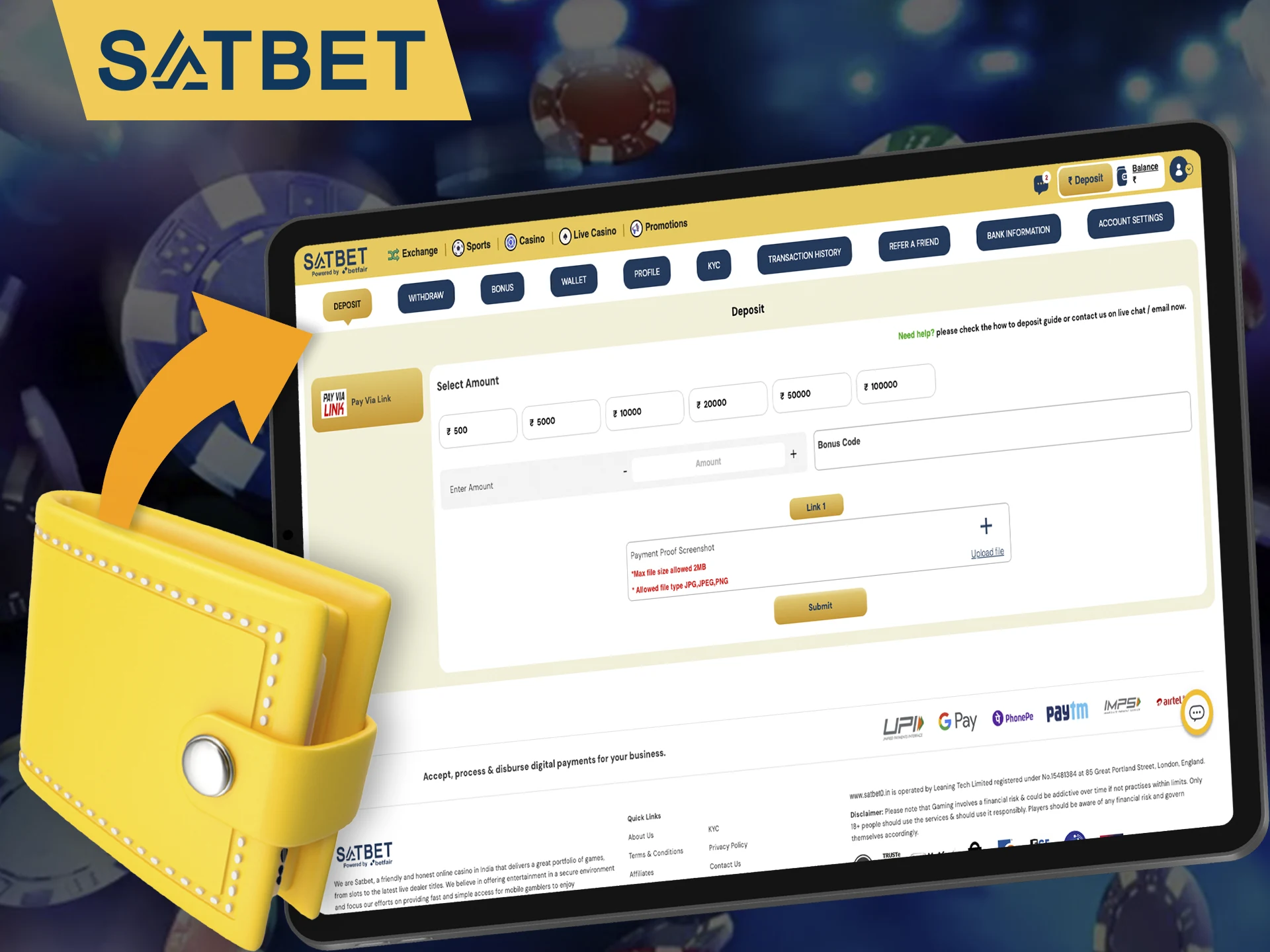 Top up your personal account using methods convenient for you at Satbet.