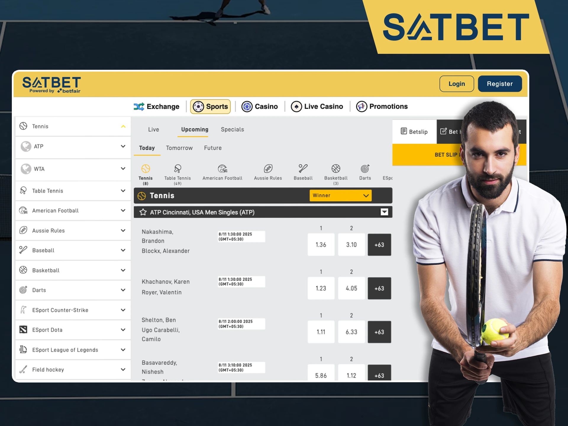 Choose your favorite in tennis betting in the Satbet sports section.
