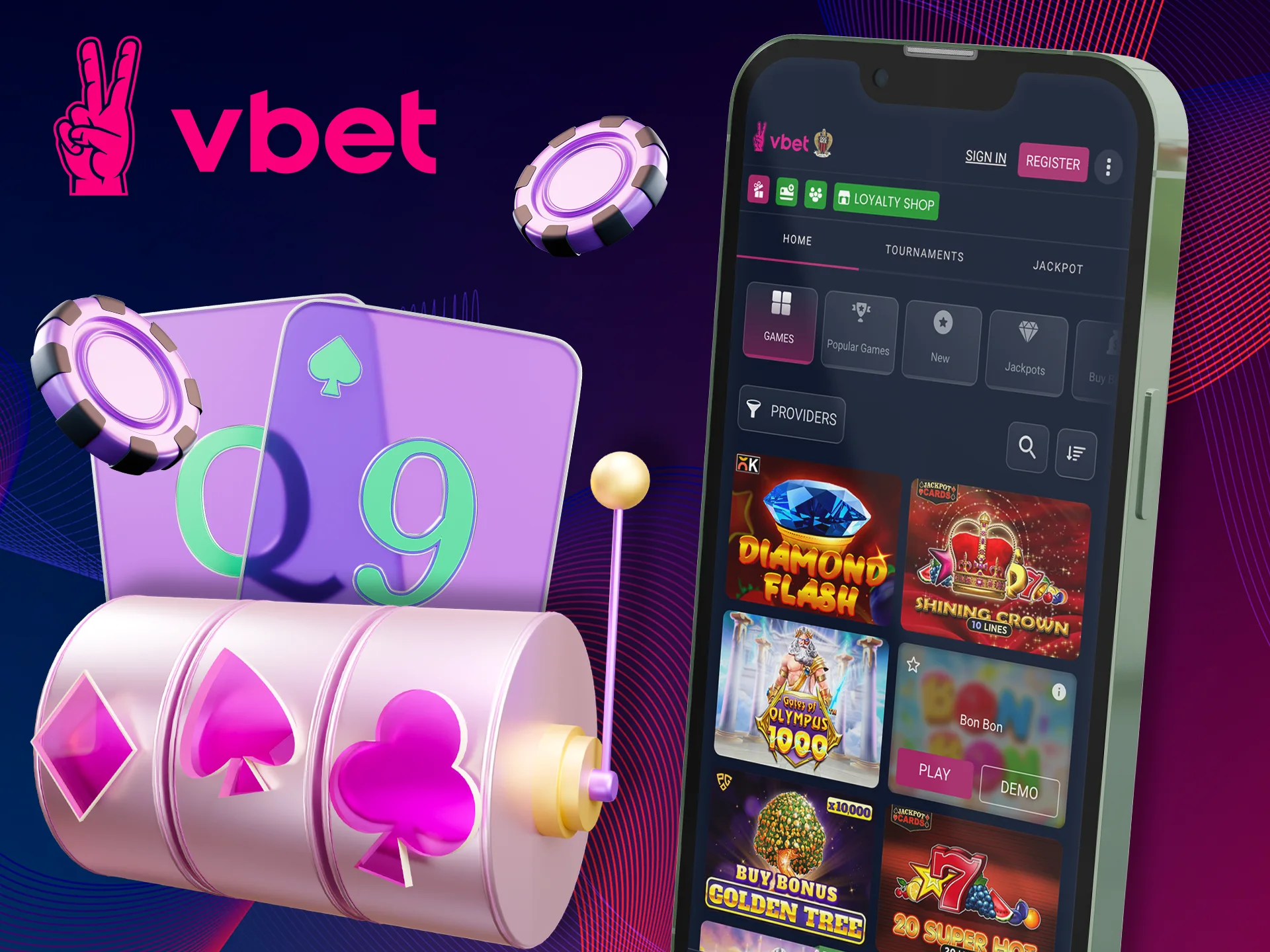 Find your winning game in the casino section of the Vbet app.