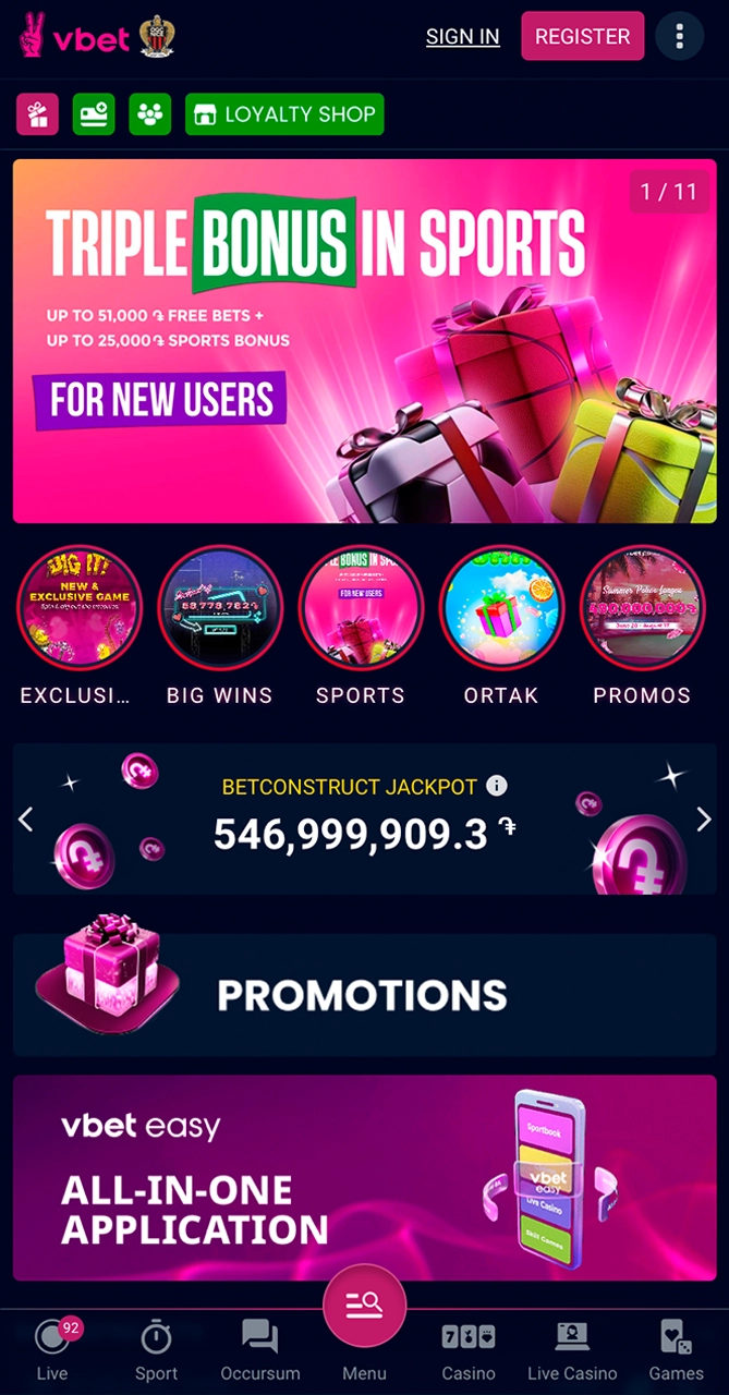 Check out the Vbet app welcome page.