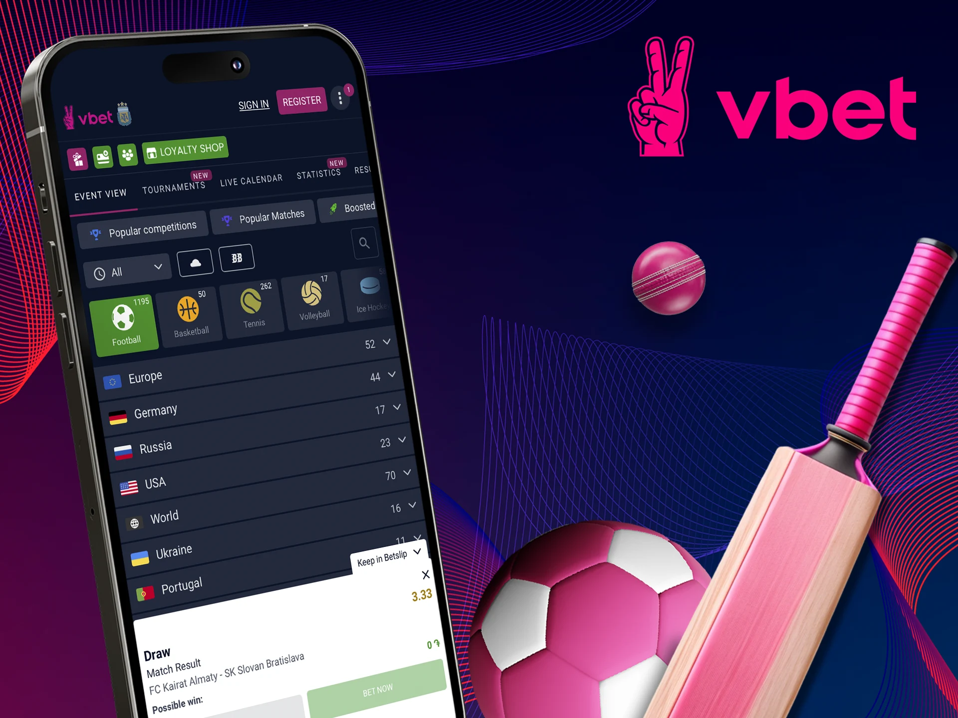 Choose your favorite sport and place a bet in the Vbet app.