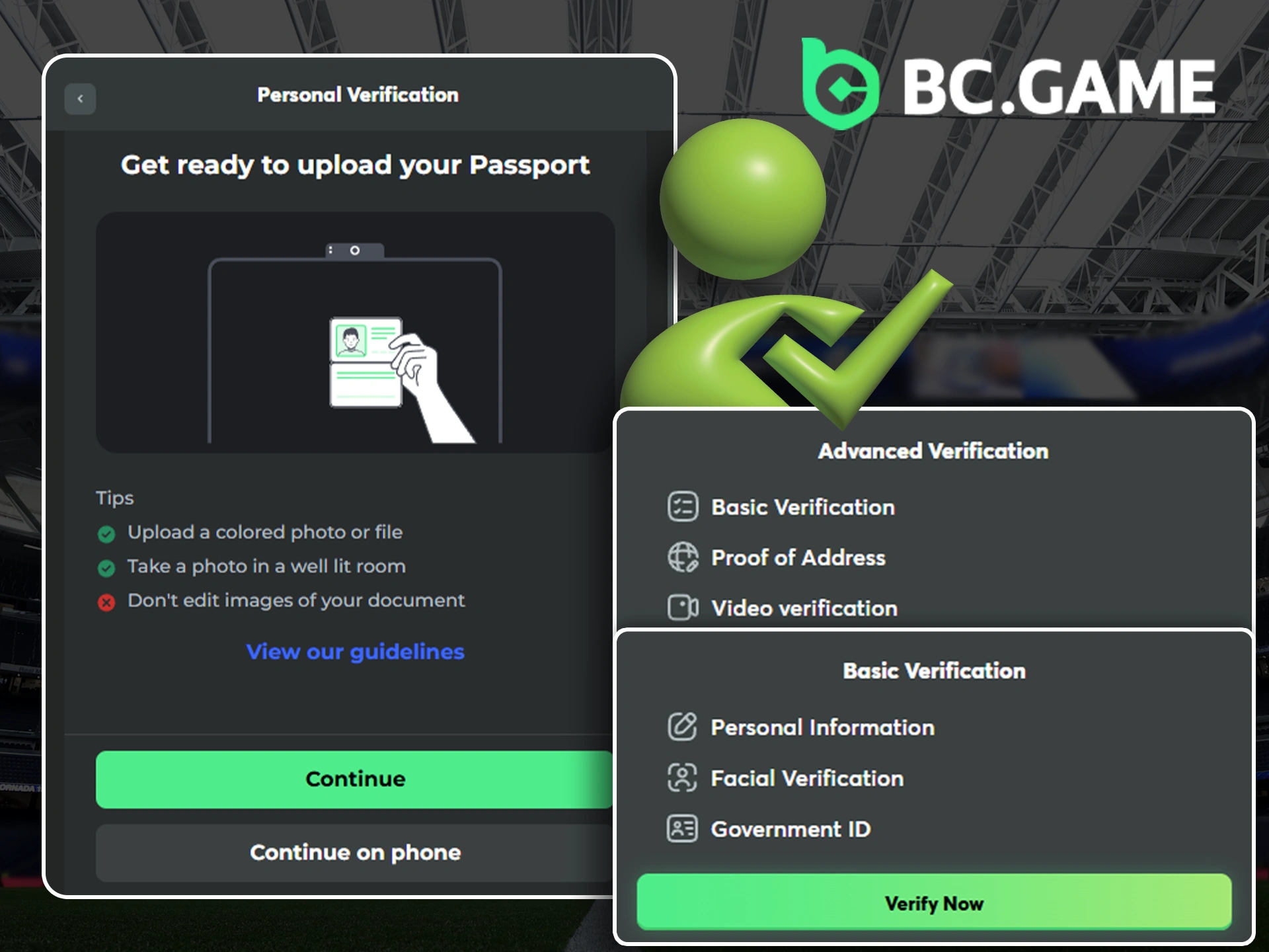 Illustration of a person verifying their account information with BC Game.