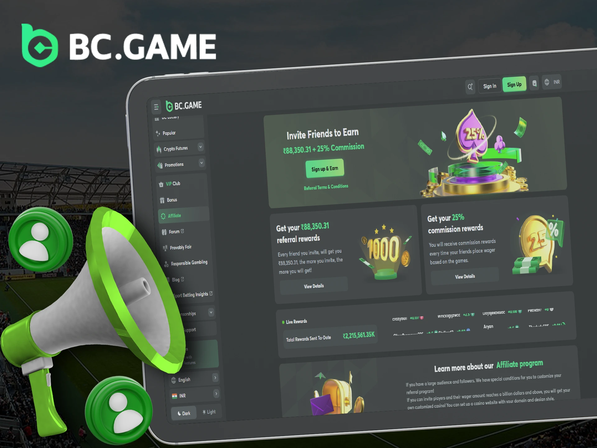 Illustration of a person with a laptop and a suitcase full of money, representing BC Game's affiliate program.