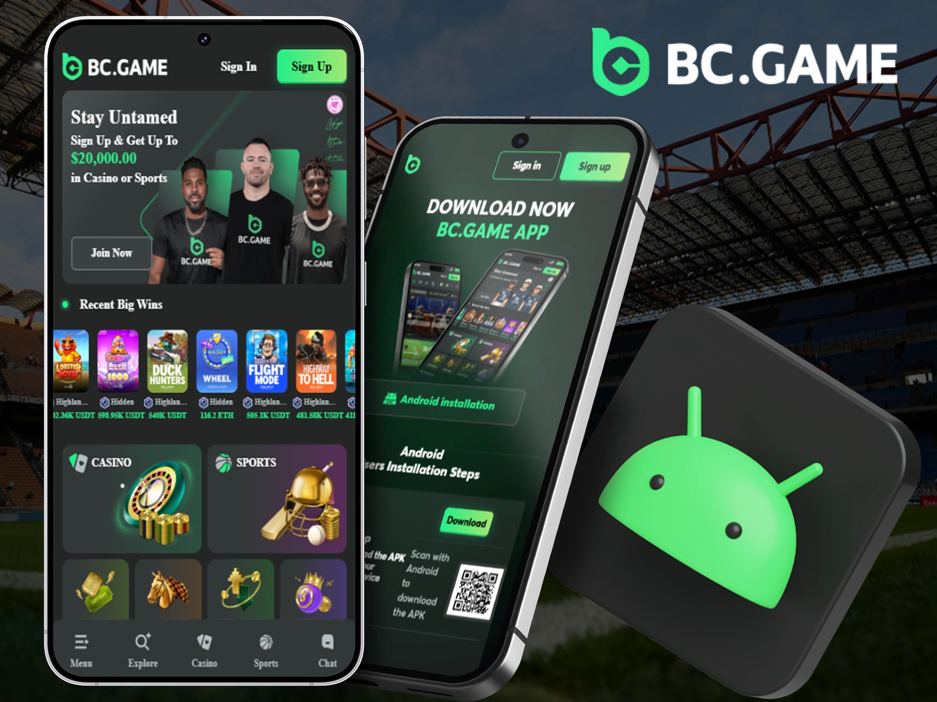 Android robot holding a phone with BC Game app, featuring various gaming options.