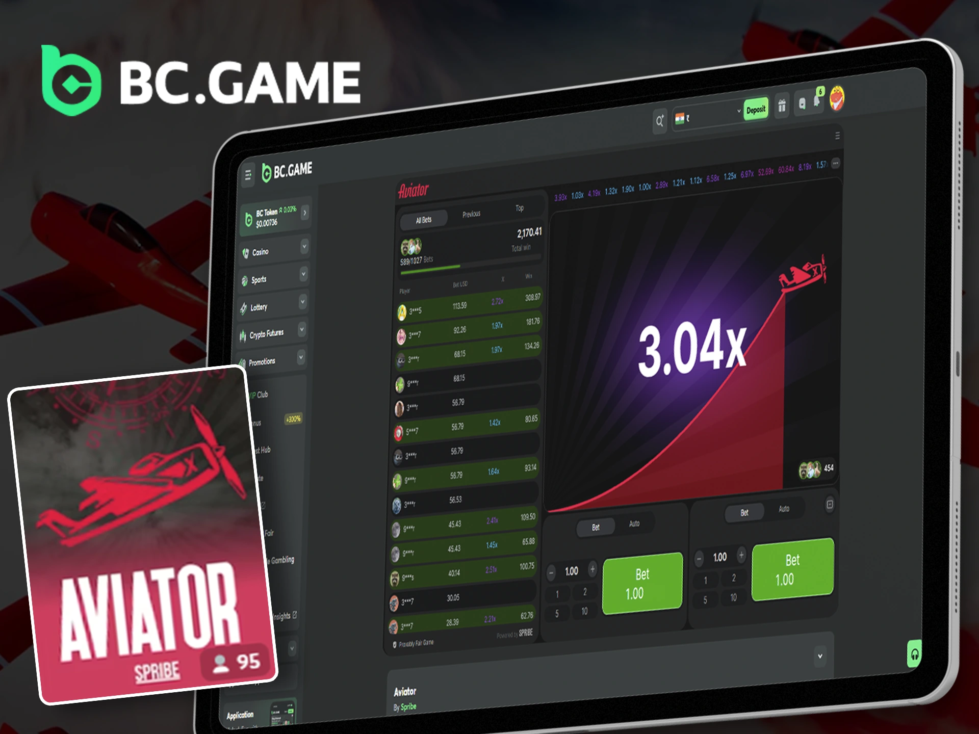 BC Game Aviator game with a plane taking off.