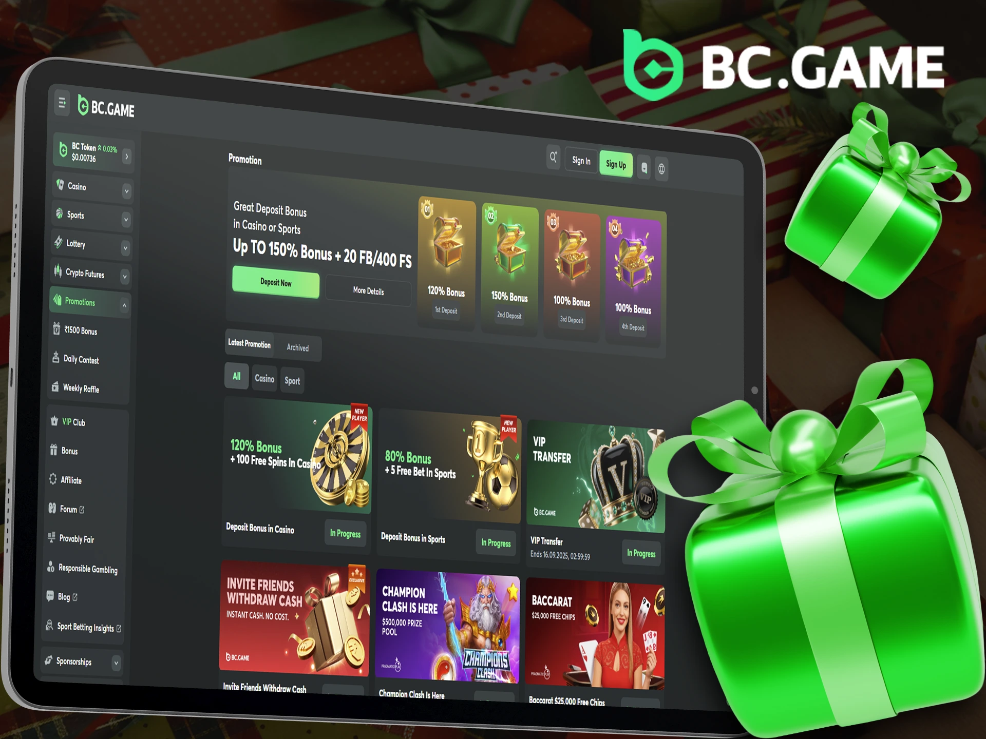 BC Game bonuses page with various promotional offers and benefits.