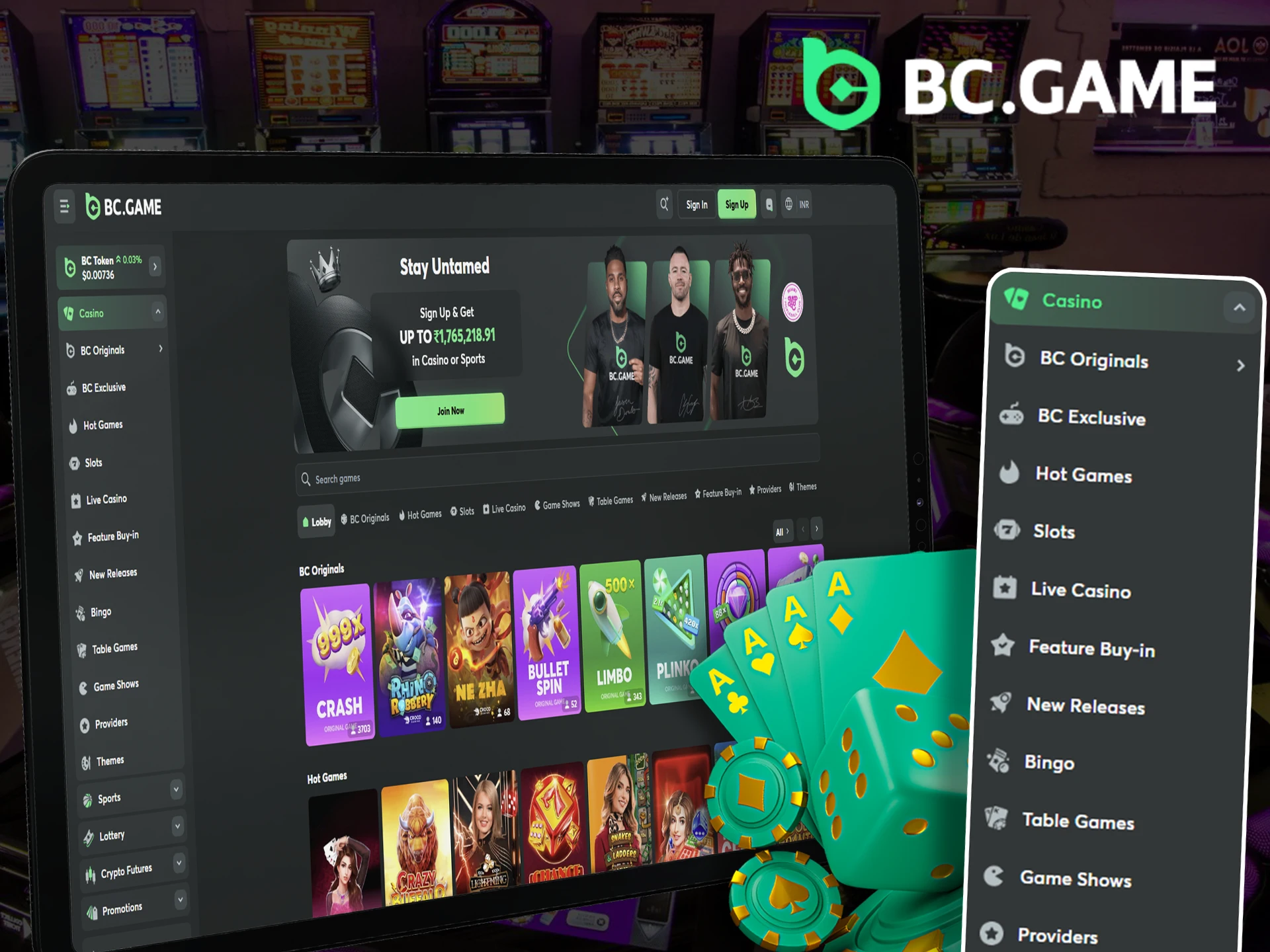 BC Game casino section with various games and slots.