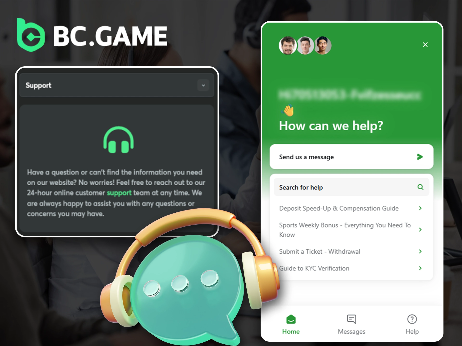 Illustration of a customer support team helping a user with BC Game services.