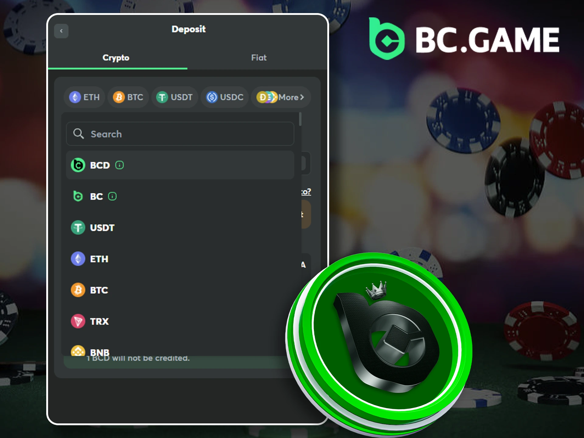 Illustration of a hand holding a gold coin with BC Game's own cryptocurrency information.