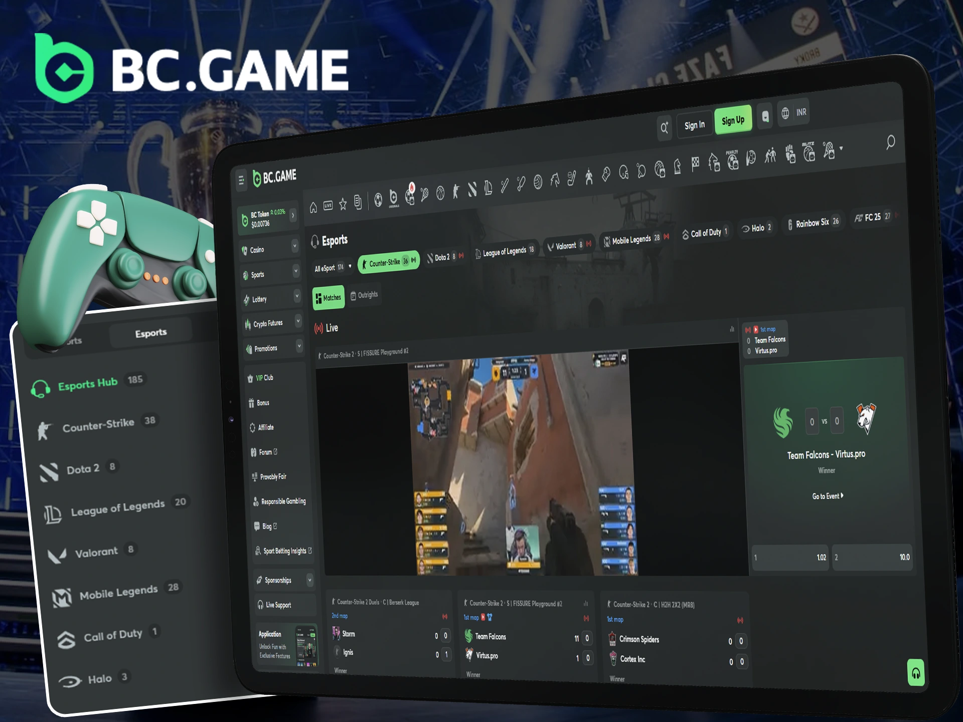 BC Game esports section with various games and events.