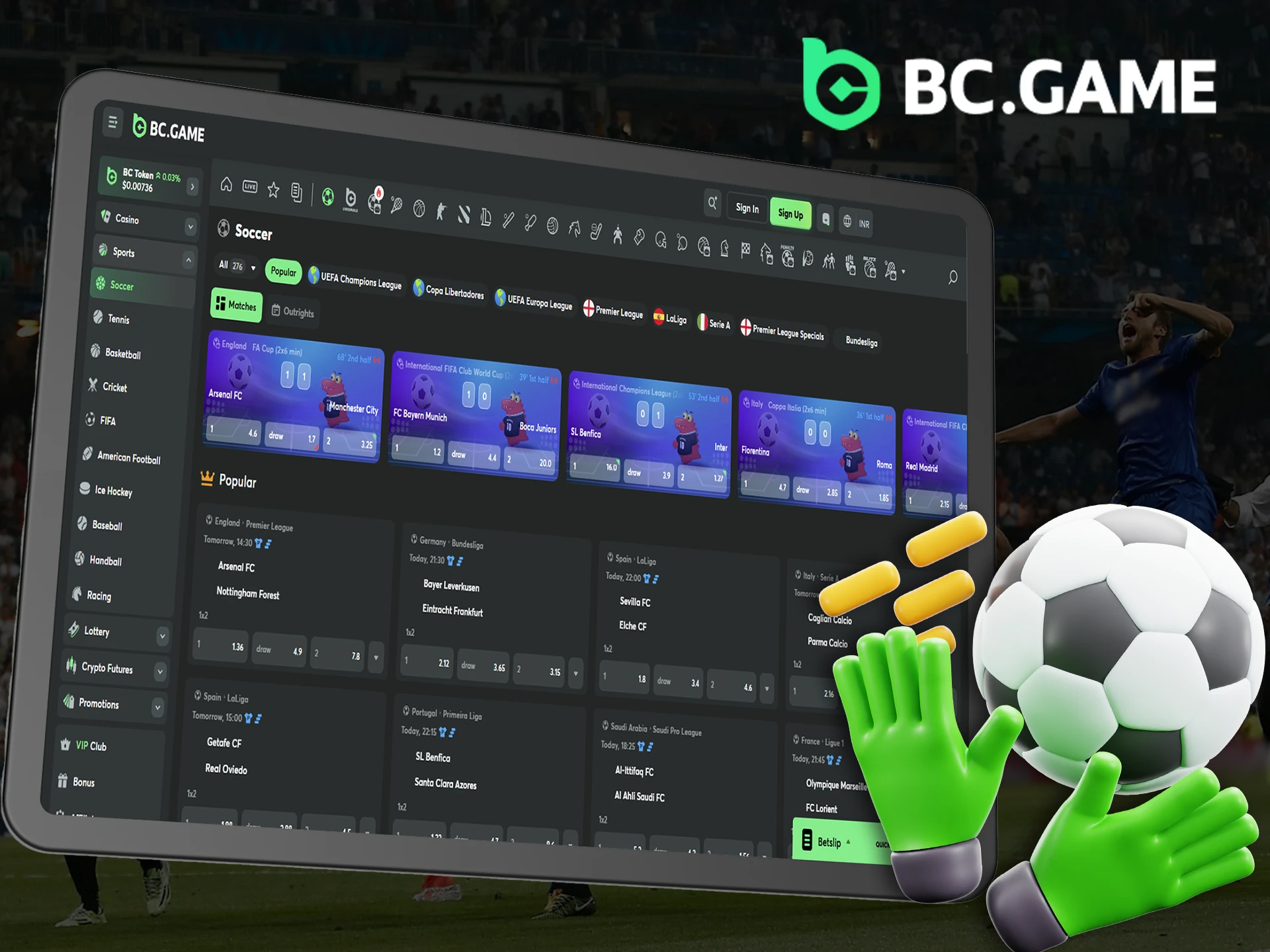 BC Game football betting section with live odds and matches.