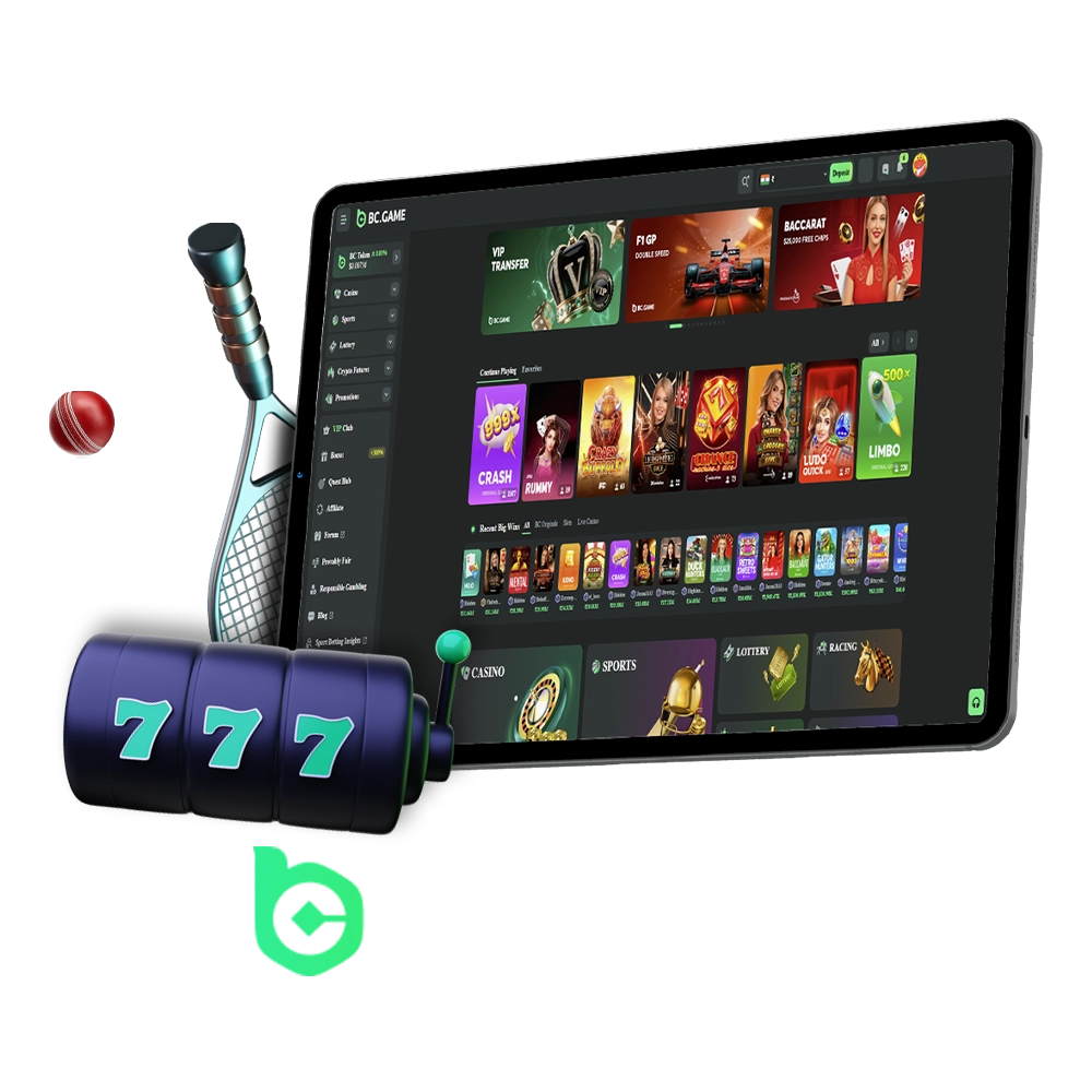 BC Game website with various gaming options and sign-up bonus offer.