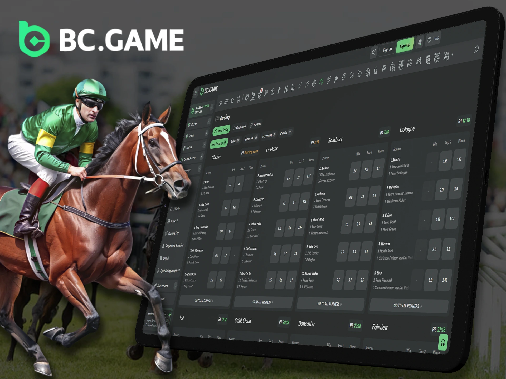 Illustration of a horse race with BC Game animal racing information.
