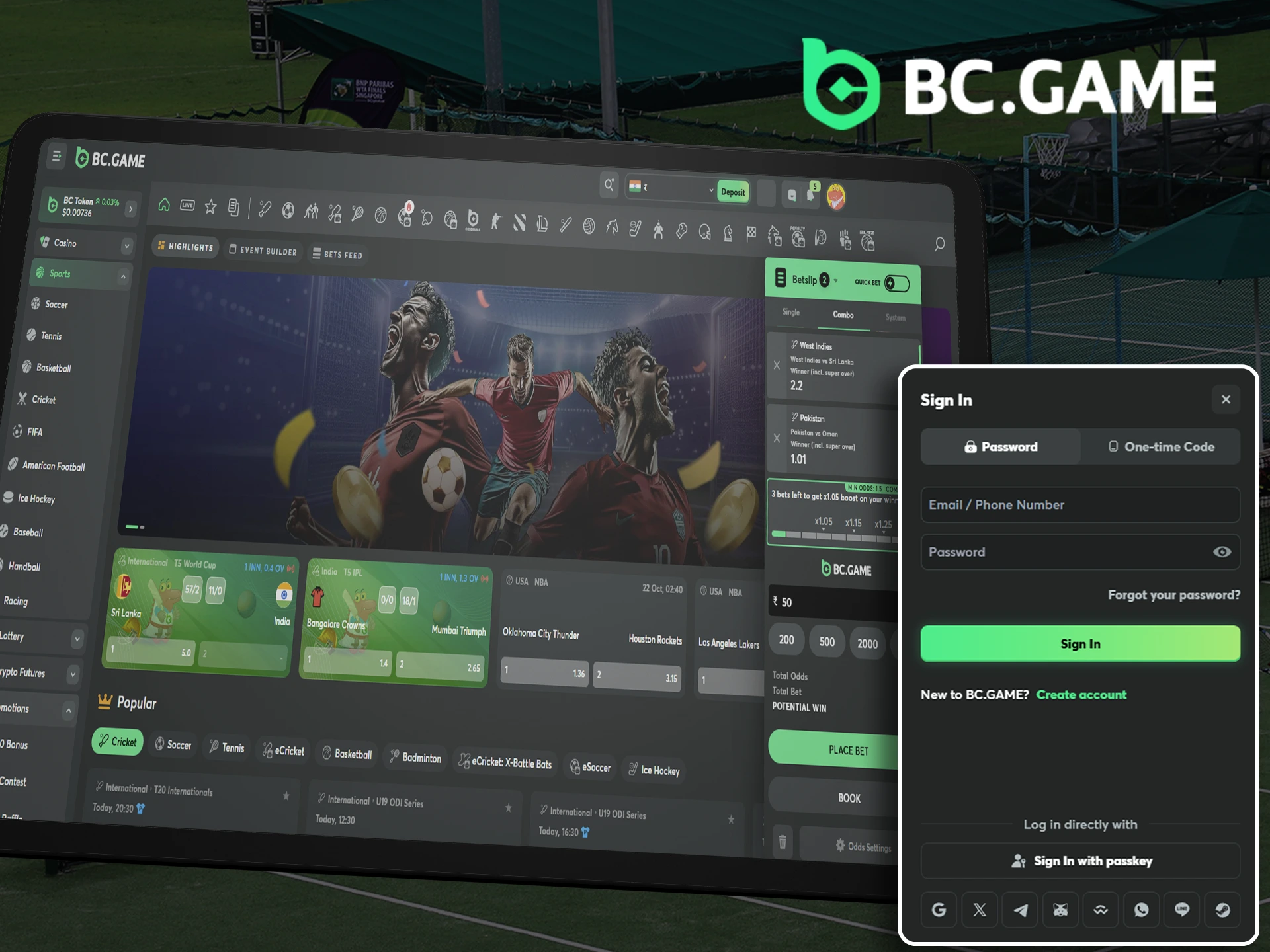 Laptop displaying BC Game sports betting section with cricket match and odds.