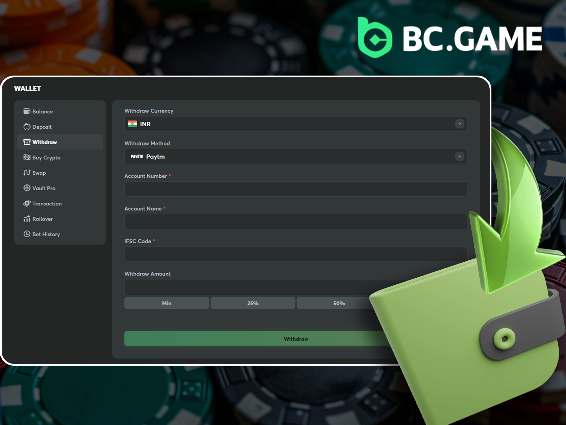 BC Game withdrawal process and instructions.