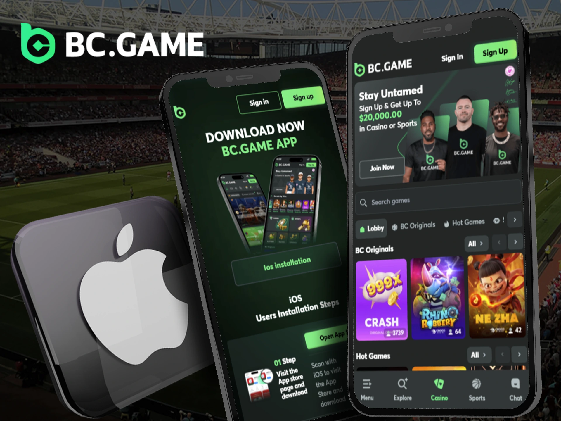 iPhone displaying BC Game app with a variety of games and betting options.