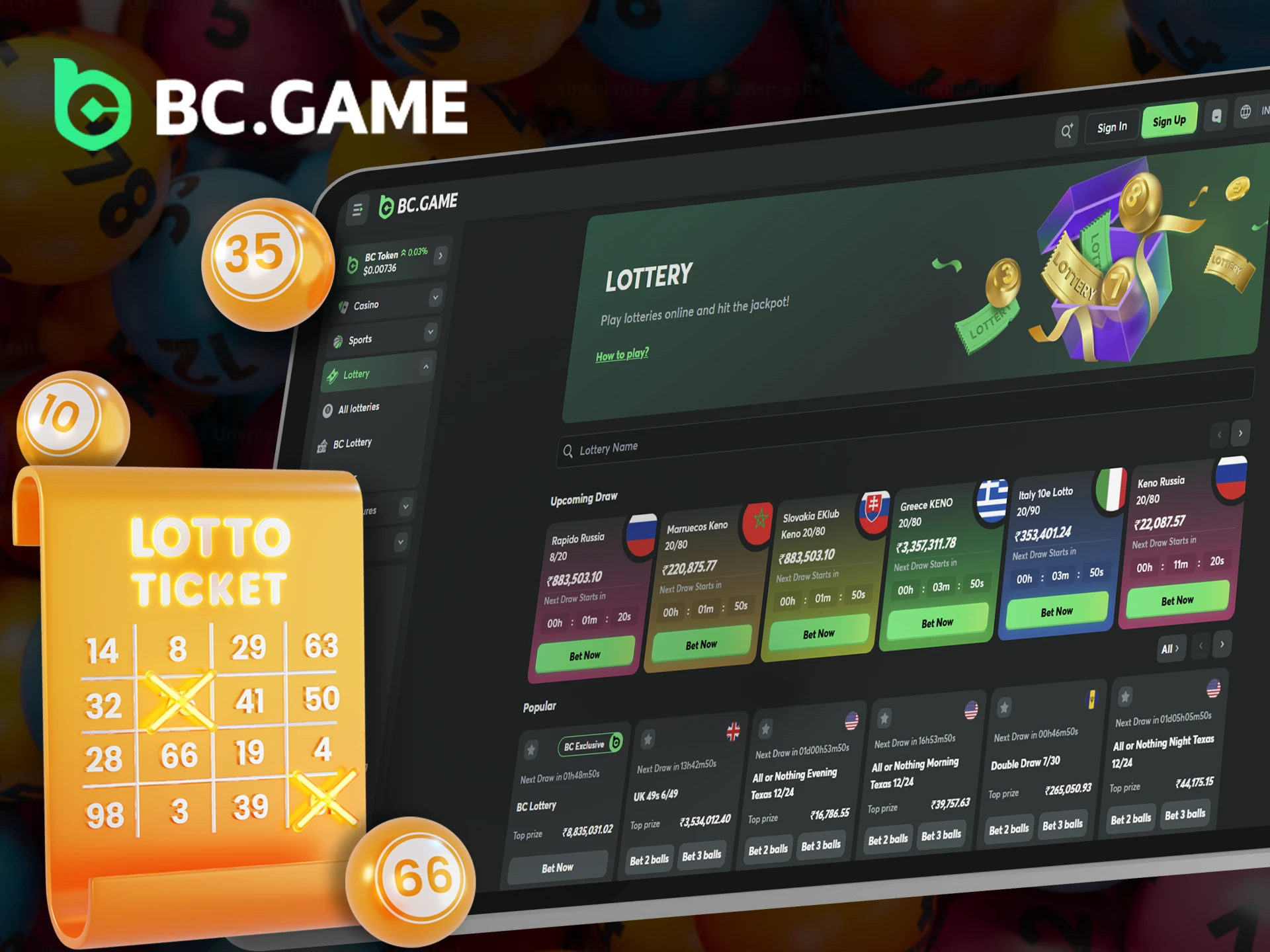 BC Game lottery section with various lottery tickets.