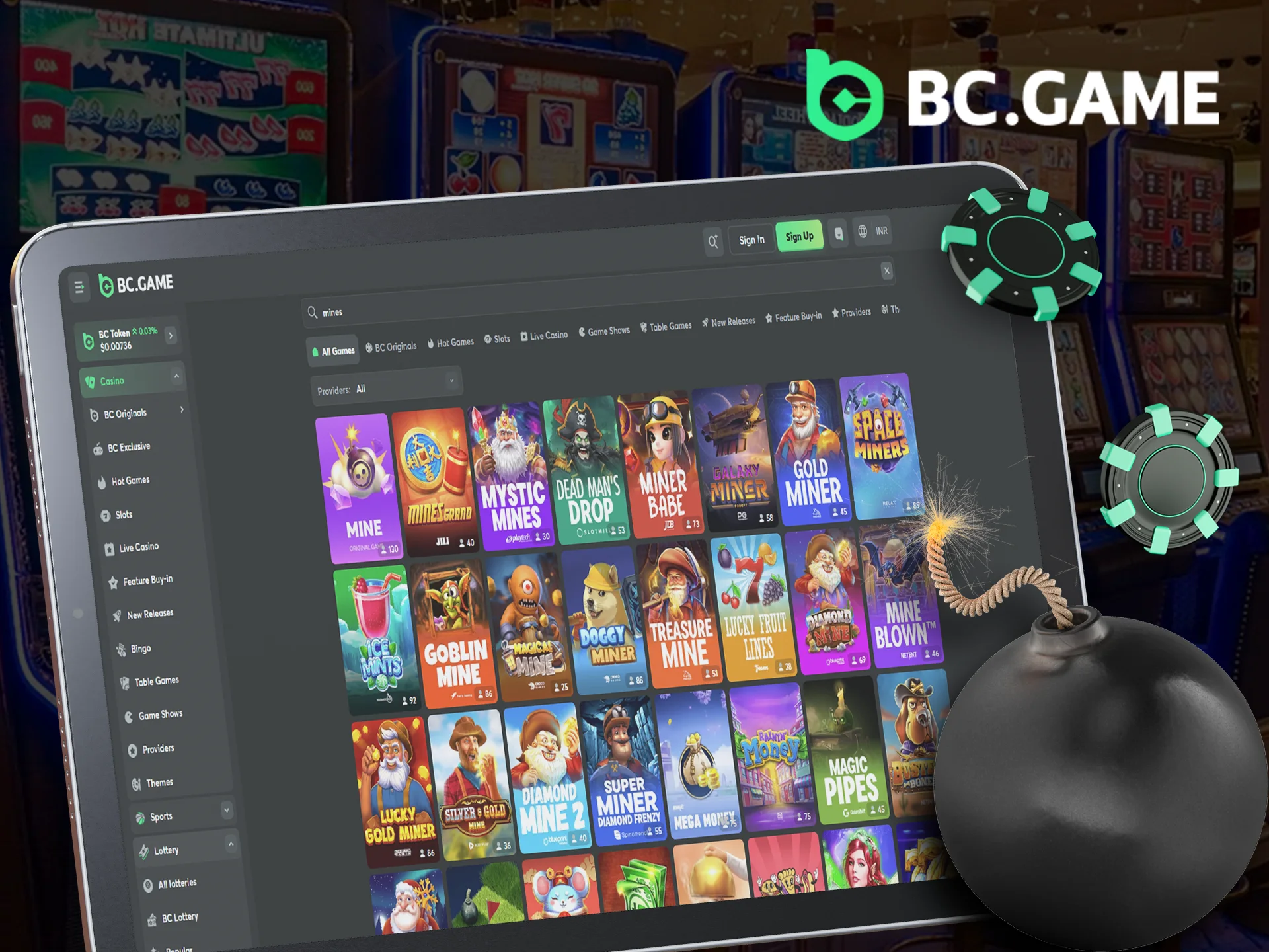 BC Game Mines game with a grid of mines.