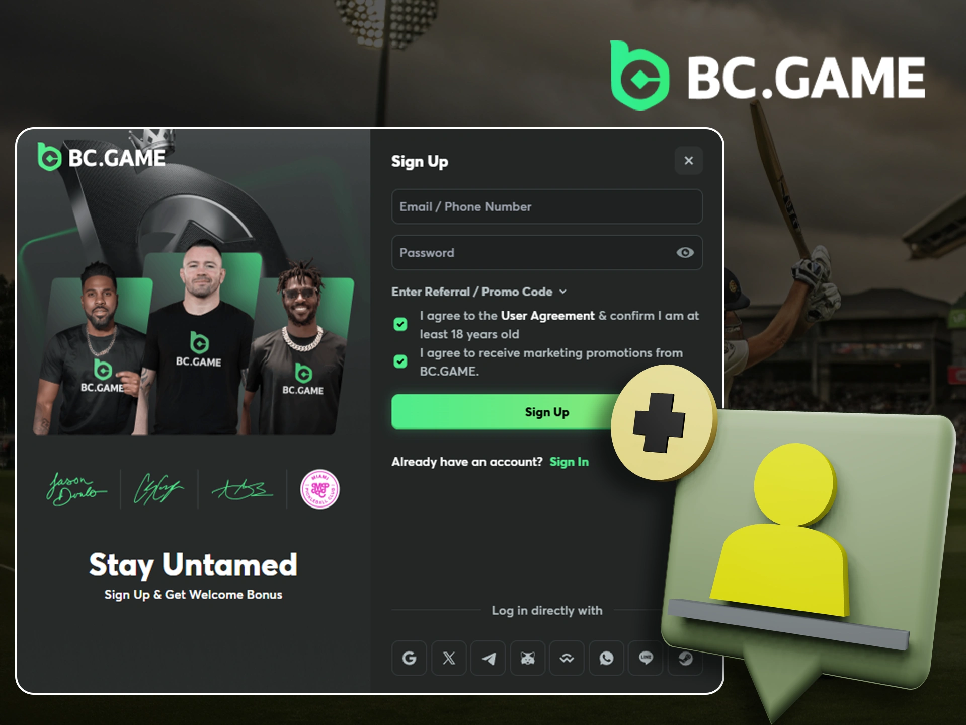 BC Game registration form with fields for email, password, and username.