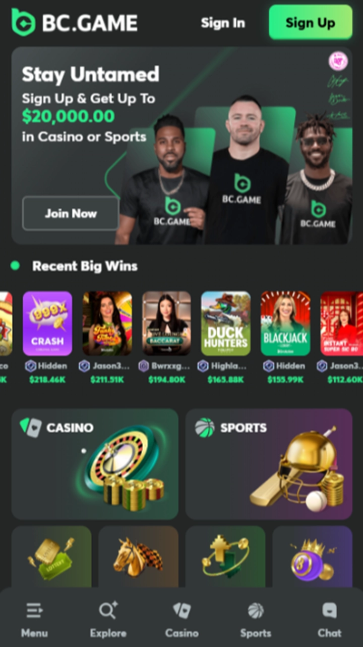 Screenshot of BC Game mobile version showing the main menu with various game categories.