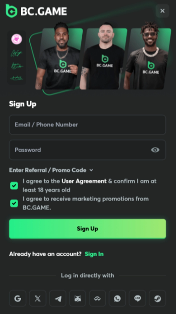 Screenshot of BC Game mobile registration page with fields for email, password, and username.
