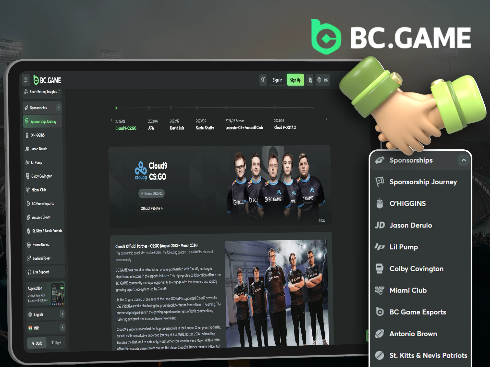 Illustration of BC Game sponsorships and partnerships with various organizations.