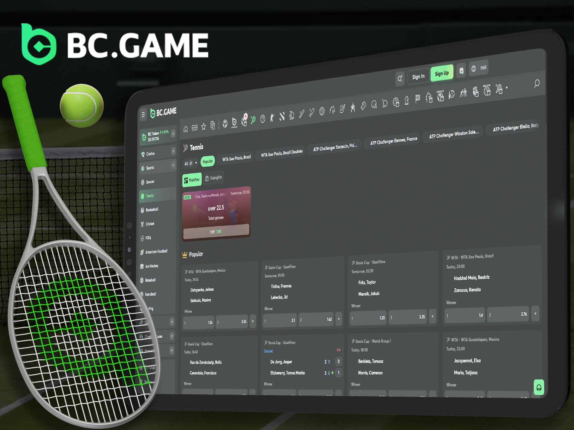 Laptop displaying BC Game tennis betting section with live odds and matches.