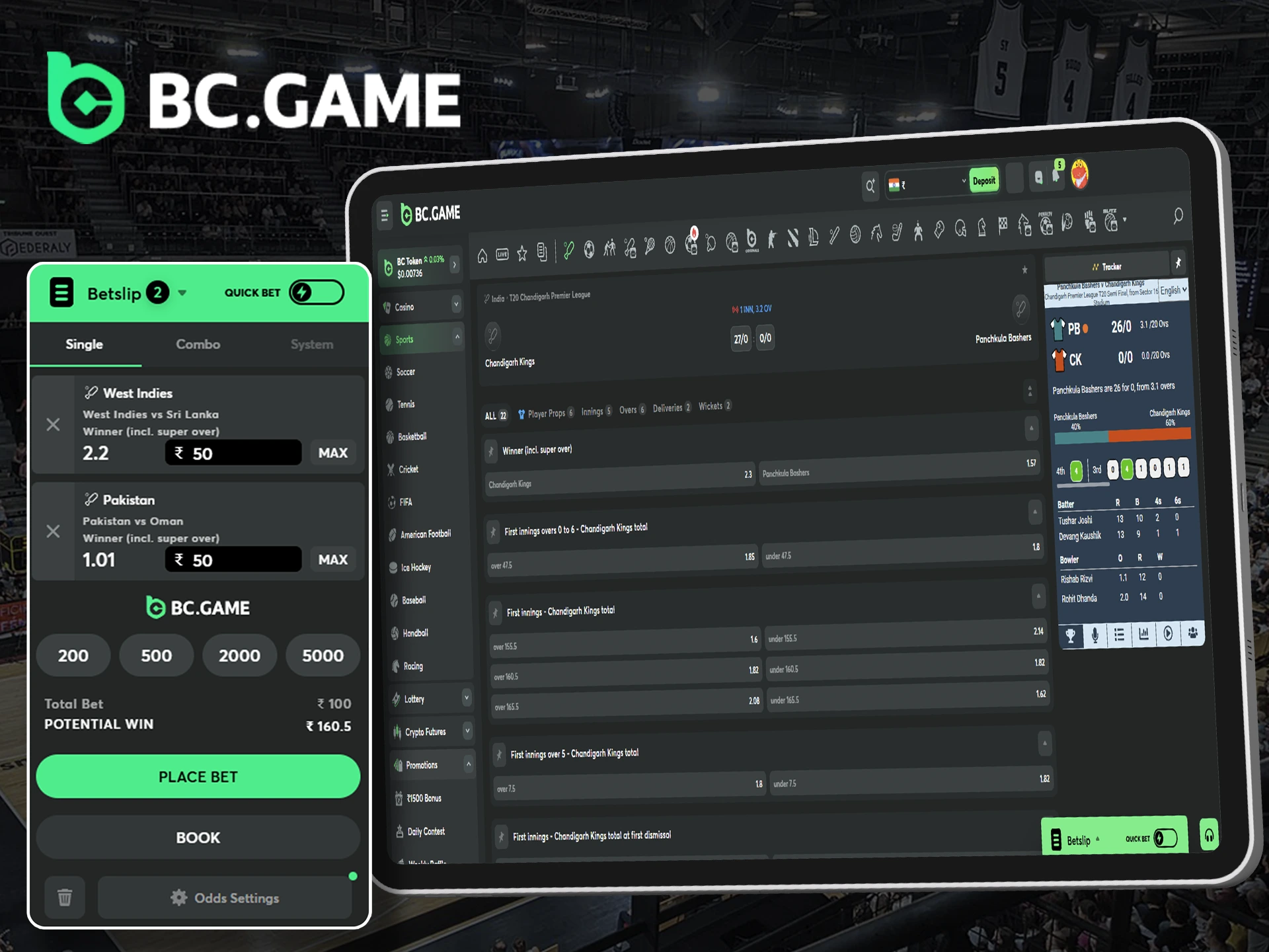 Laptop showing BC Game website with various sports betting options and a soccer player.