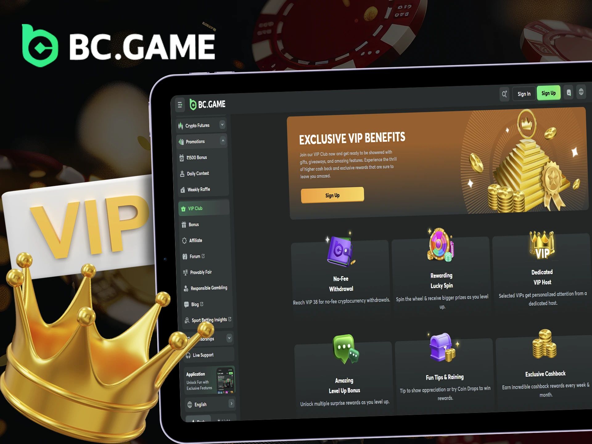 Laptop displaying BC Game VIP program page with different tiers and exclusive rewards.