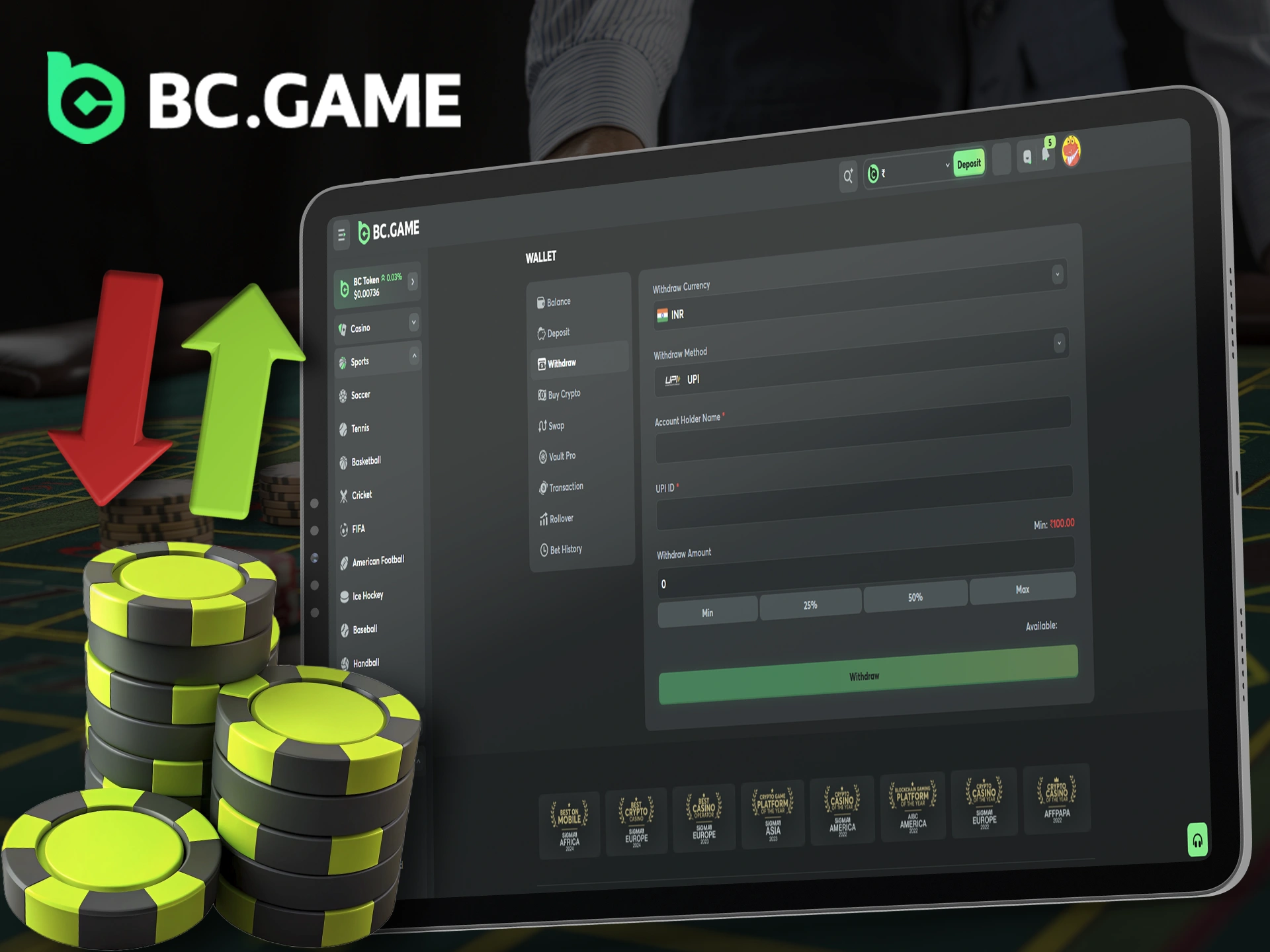 Laptop displaying BC Game withdrawal limits and warning signs.