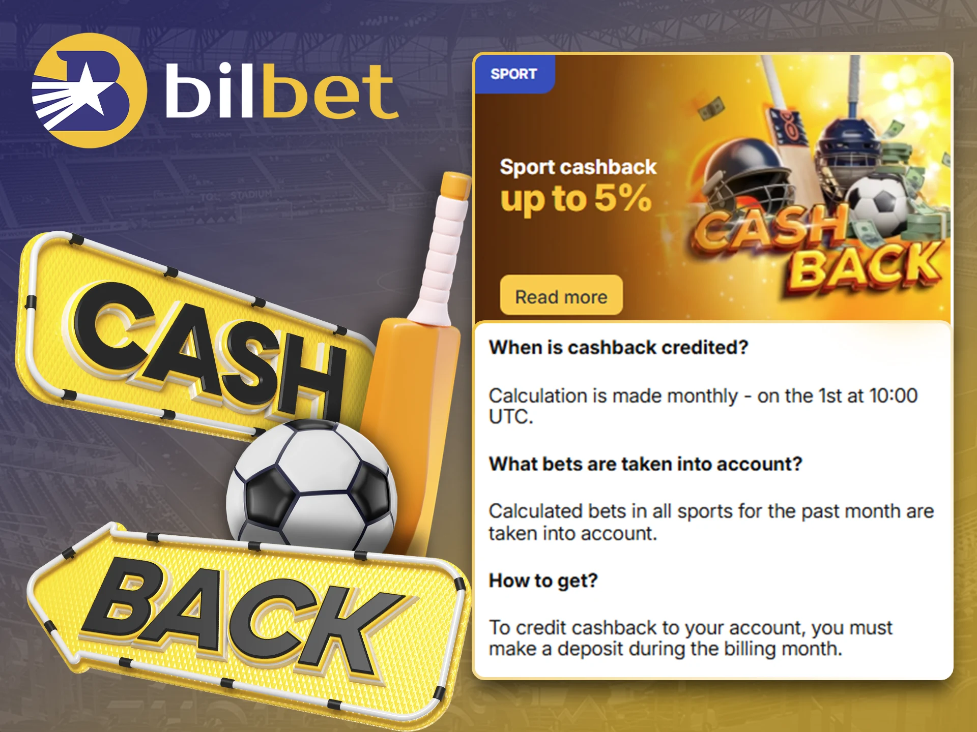 Bilbet offers cashback on sports bets with a bonus.