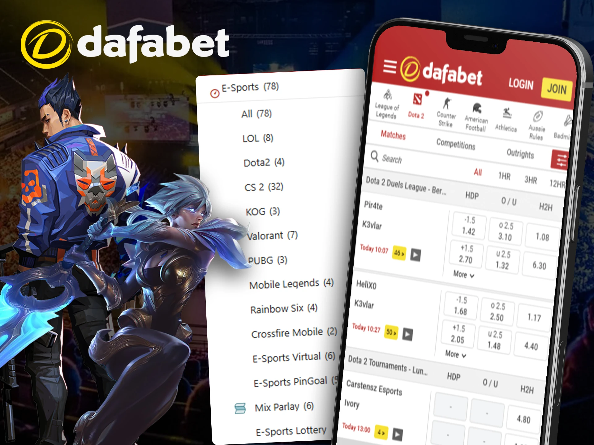 Place a bet on a winner or a team in Esports games at Dafabet.