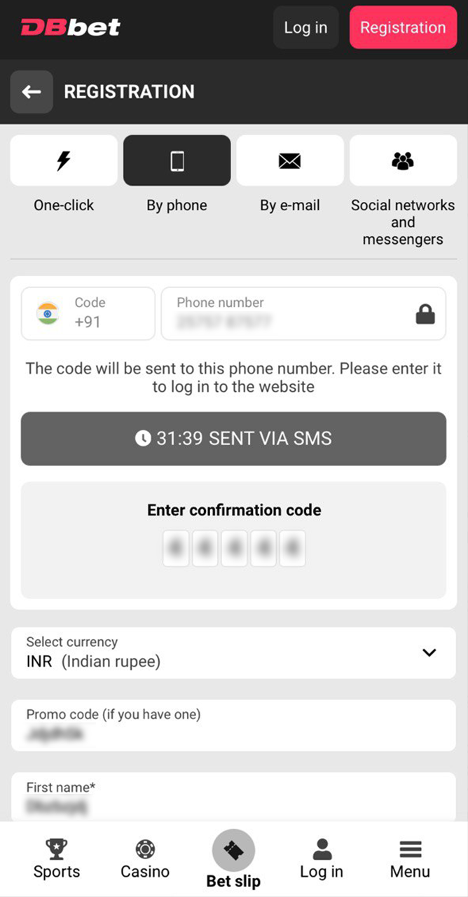 Fill in the required fields to register your DBbet account.