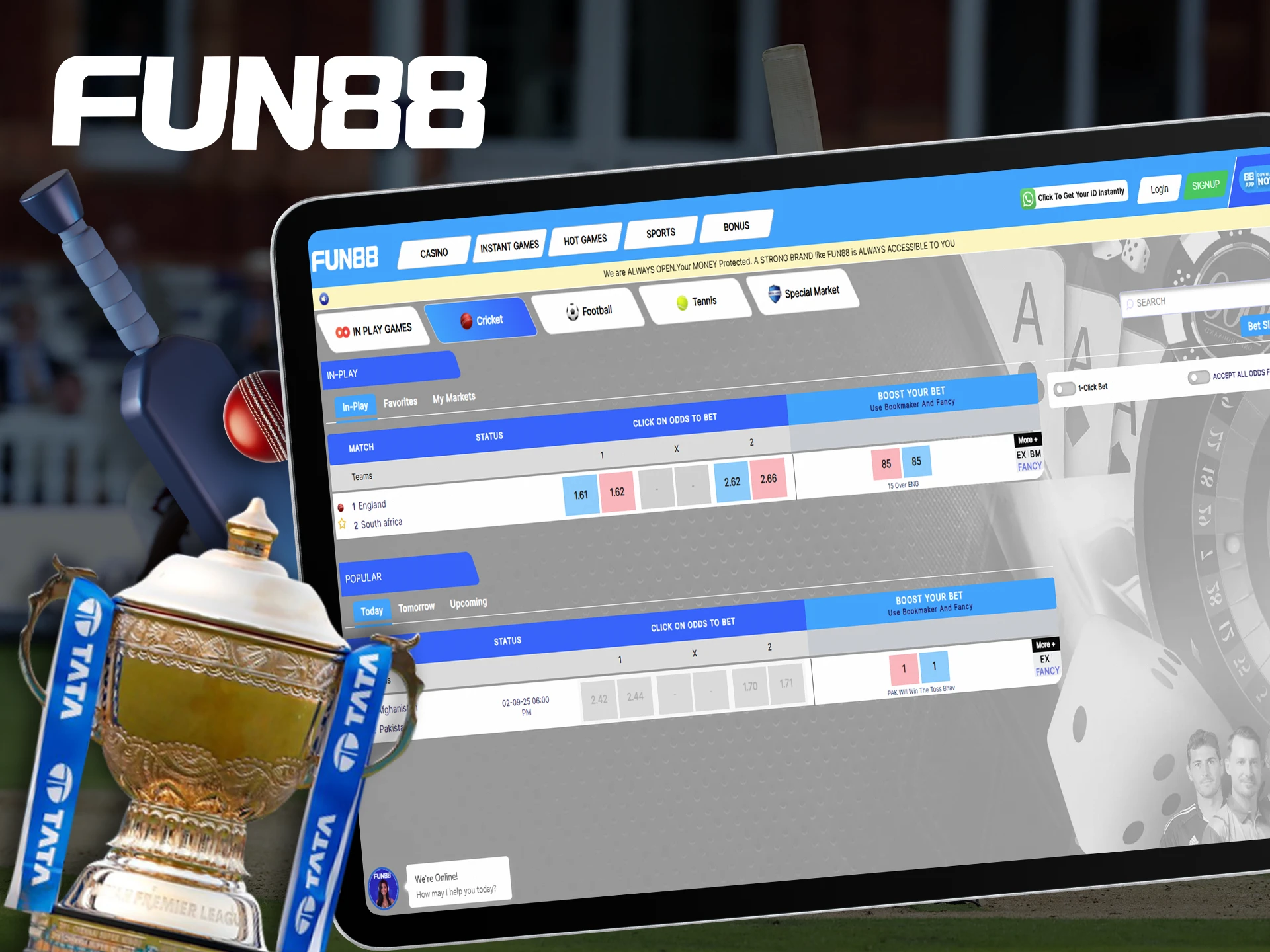 Place your cricket bets on your favourite teams at Fun88.
