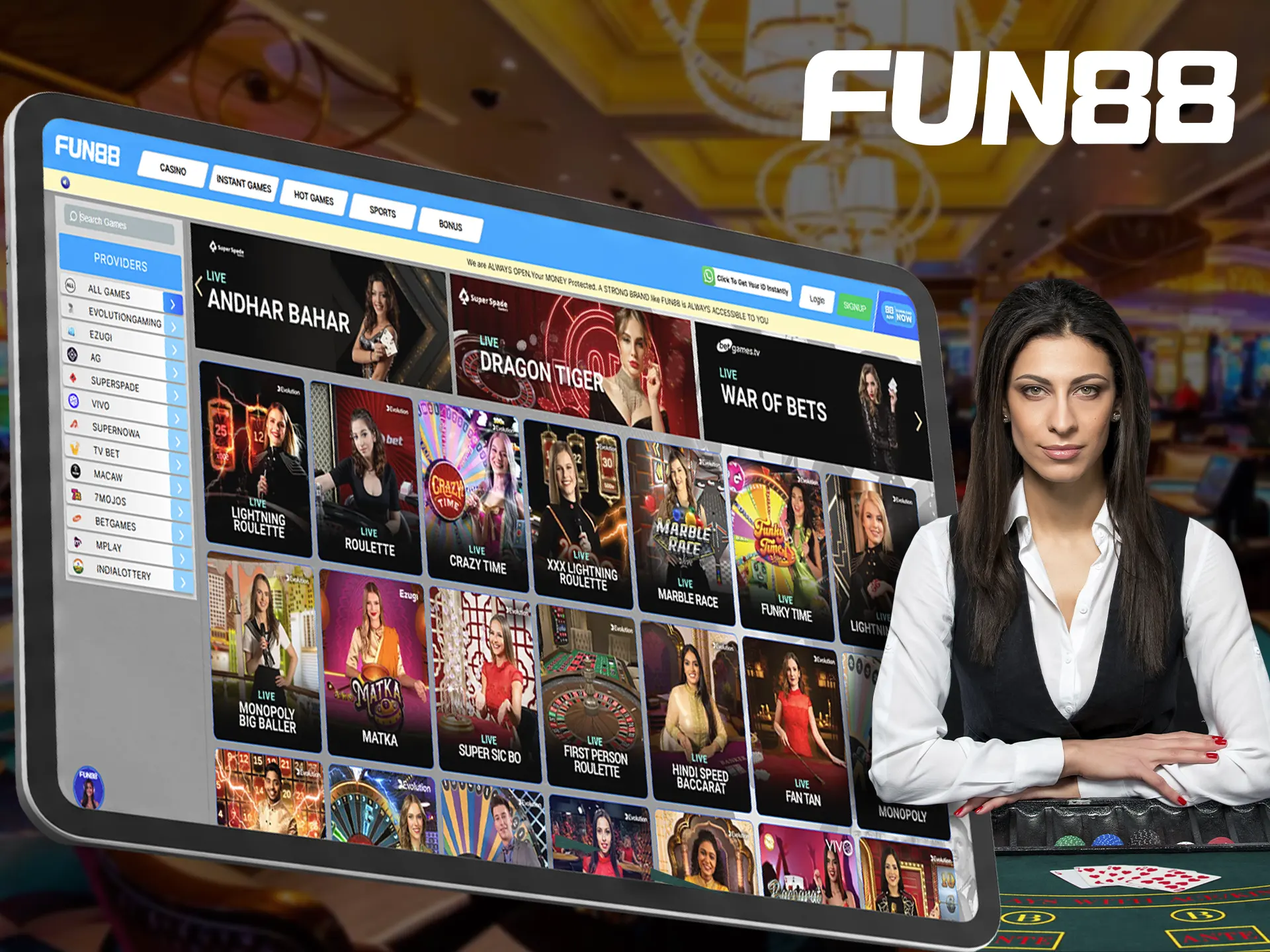 Play with live dealers in the live casino section at Fun88.