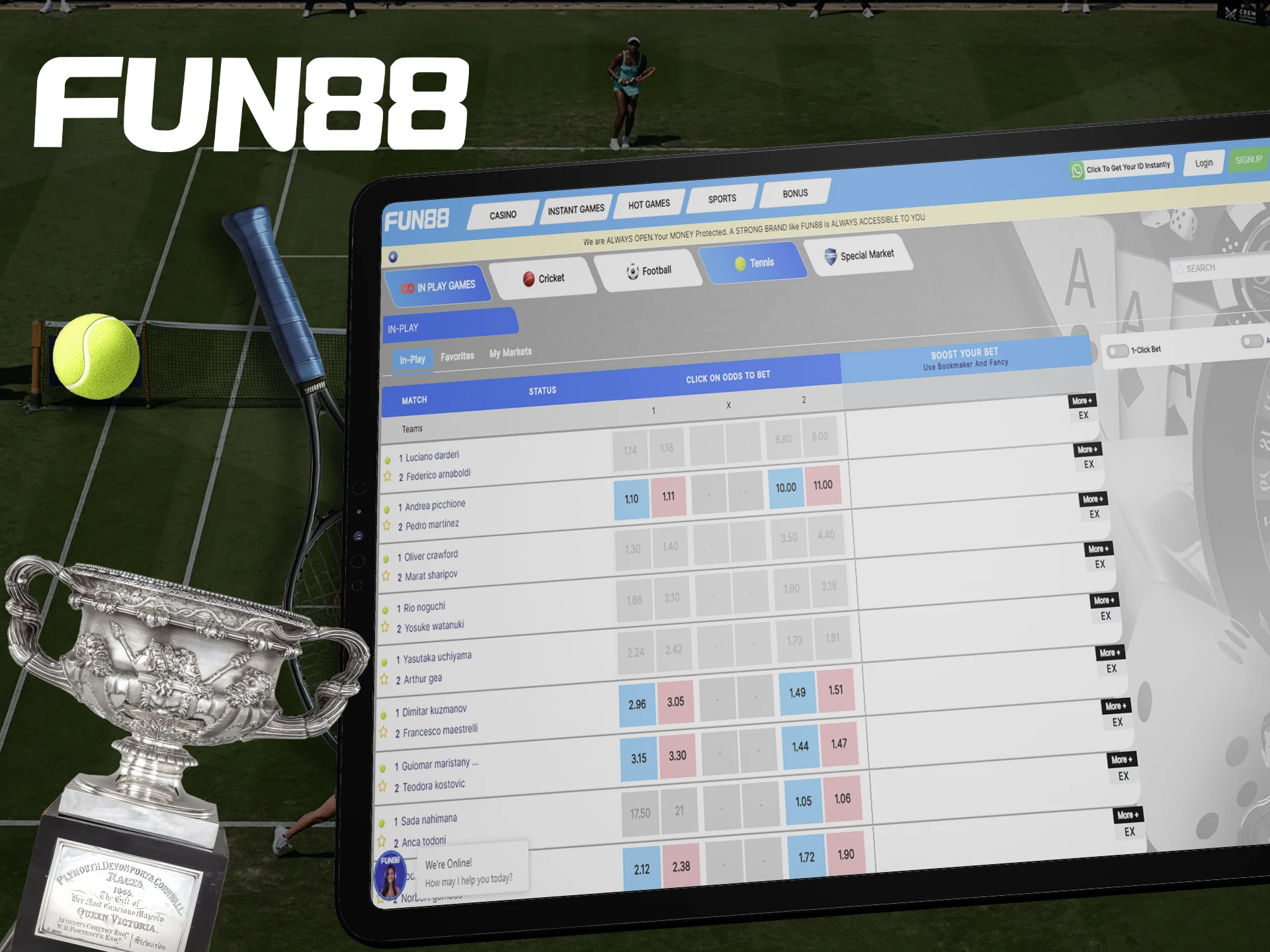 Choose your favorite in tennis betting at Fun88.