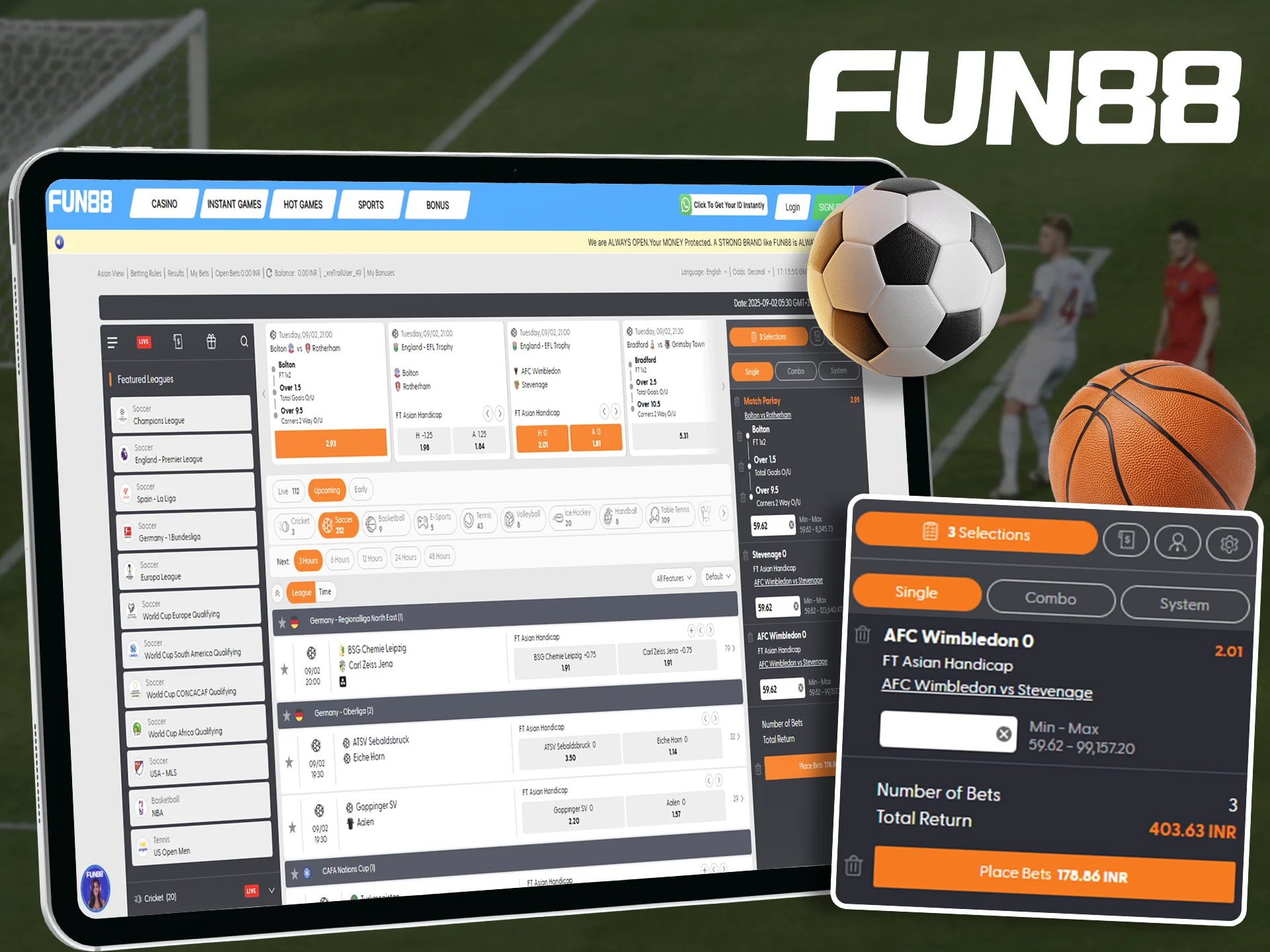 Choose your bet type based on your chosen sports matches at Fun88.