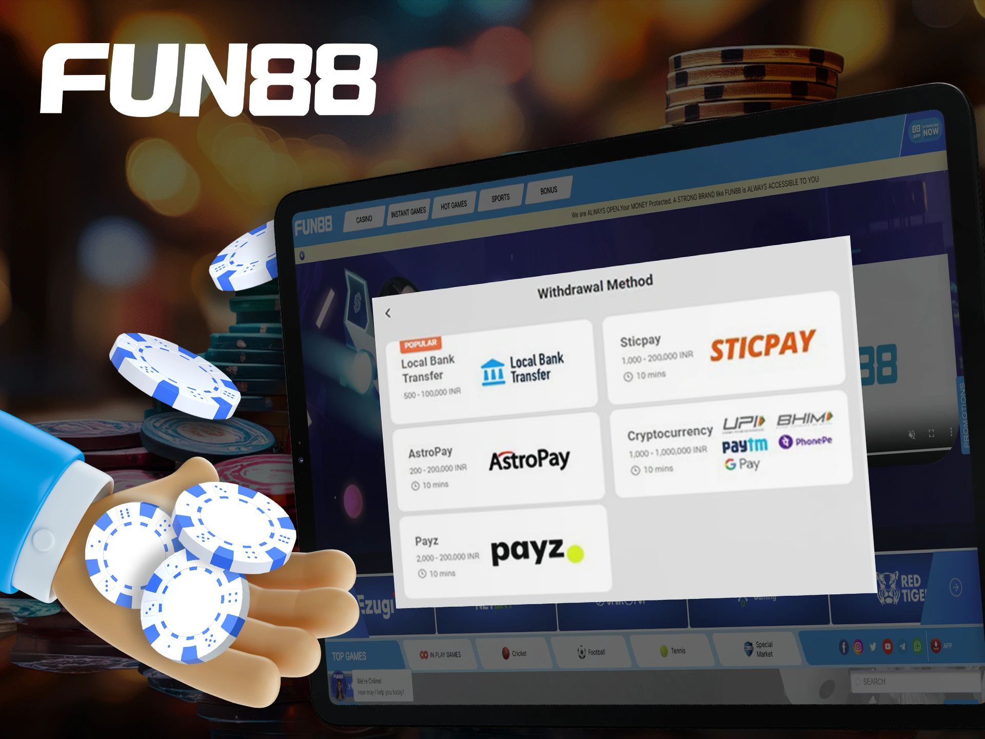 Receive your winnings to your personal account instantly with Fun88.