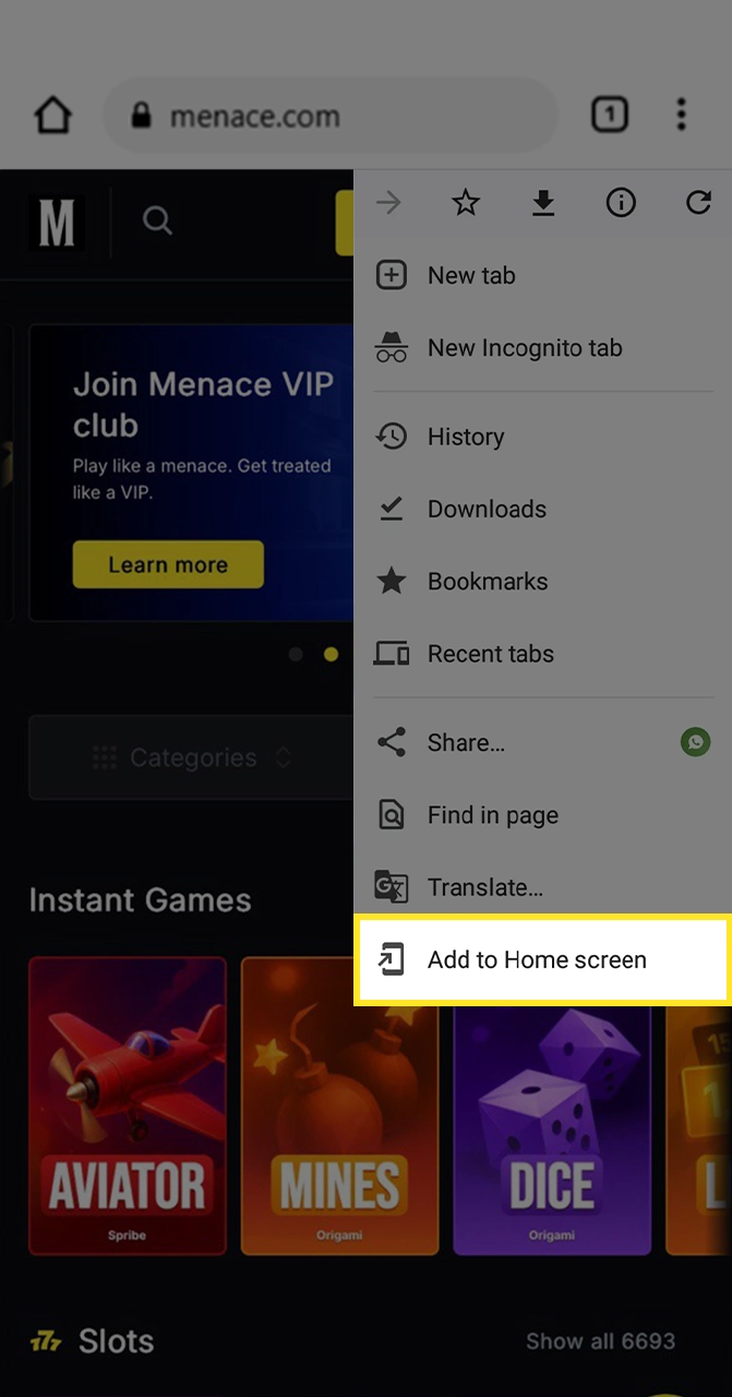 Select add to home screen from the menu on the Menace King page.