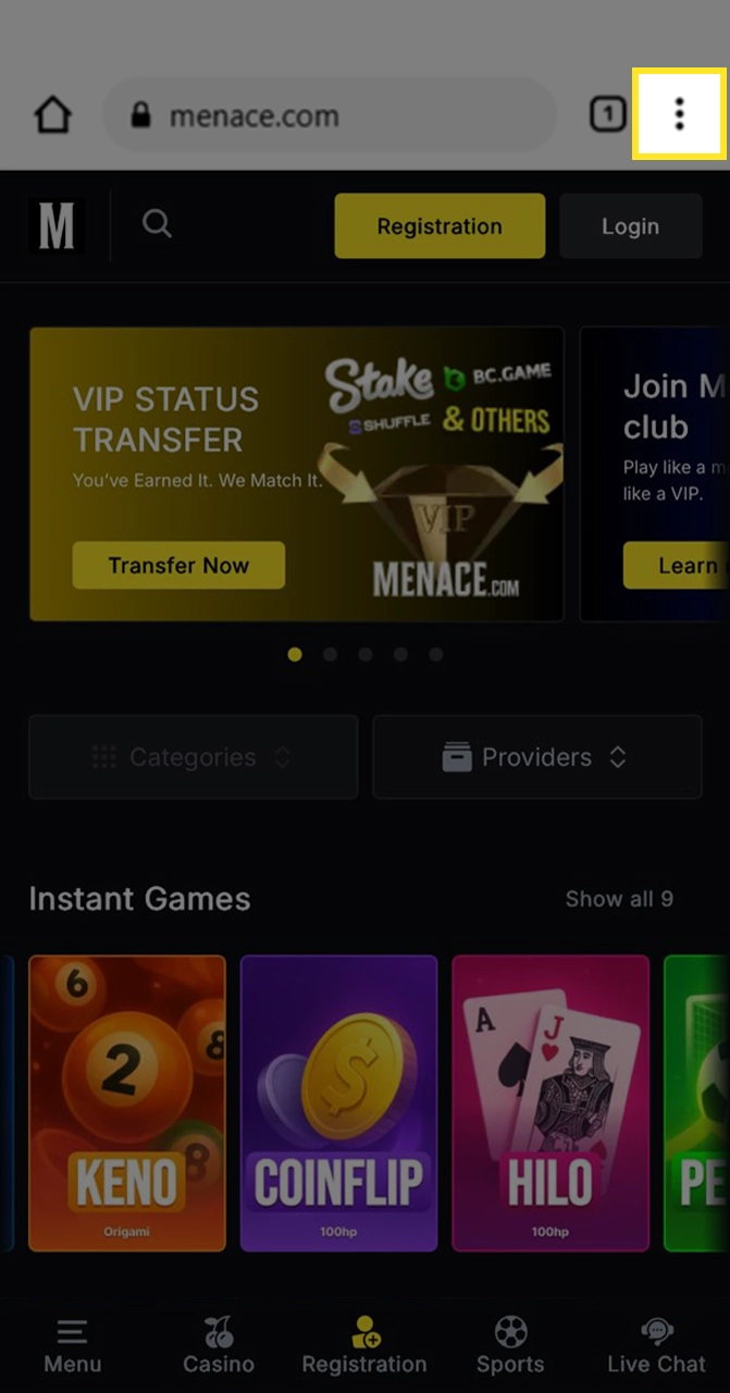 Go to the Menace King website and go to the menu.