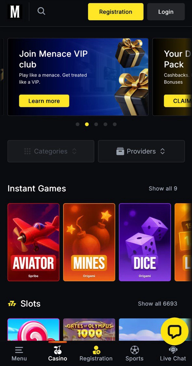 Menace King offers a wide selection of casino games in the app.