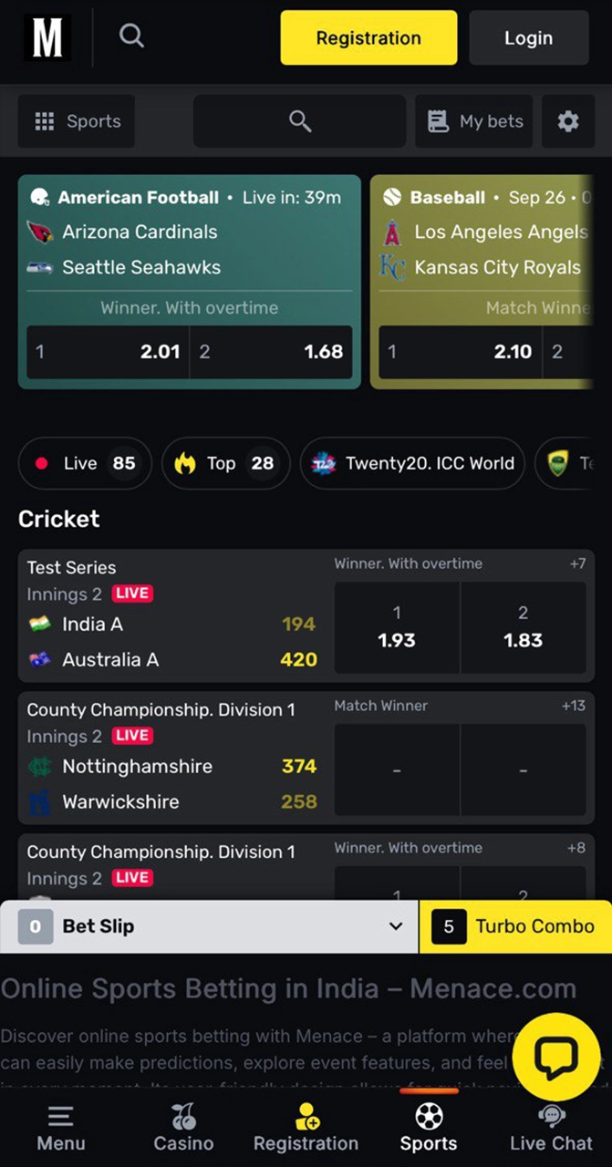 The Menace King app offers a wide range of sports with the best odds.