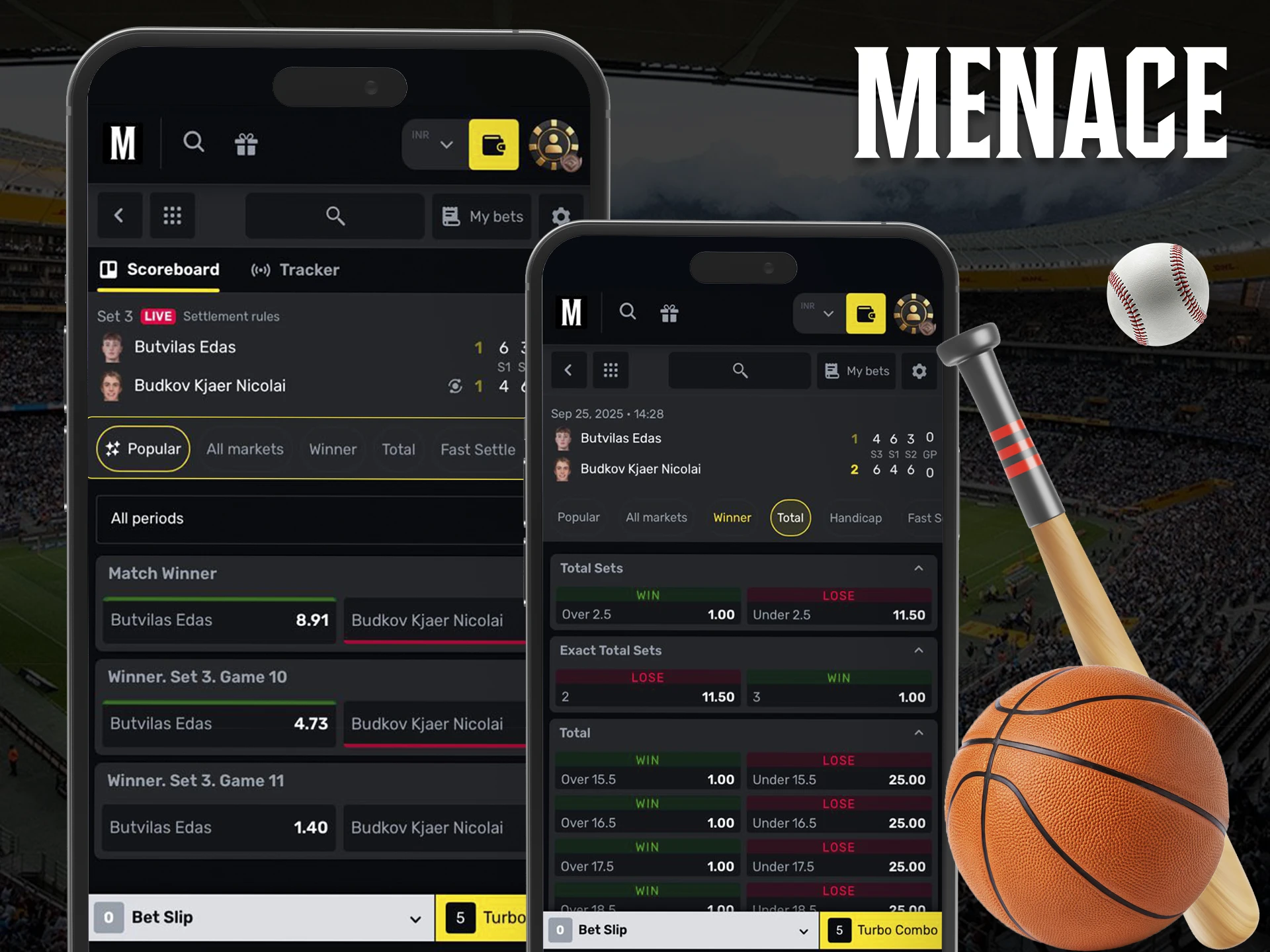 Choose between bet types in the Menace King app.
