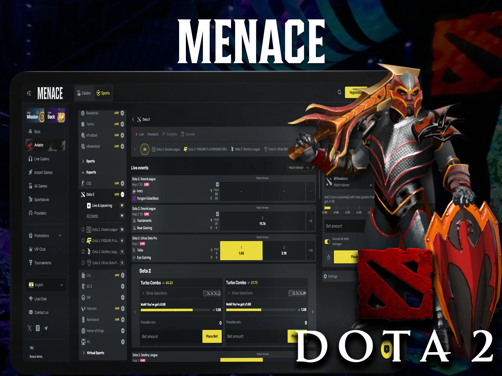 Follow the match outcome and place your bets on Dota 2 at Menace King.