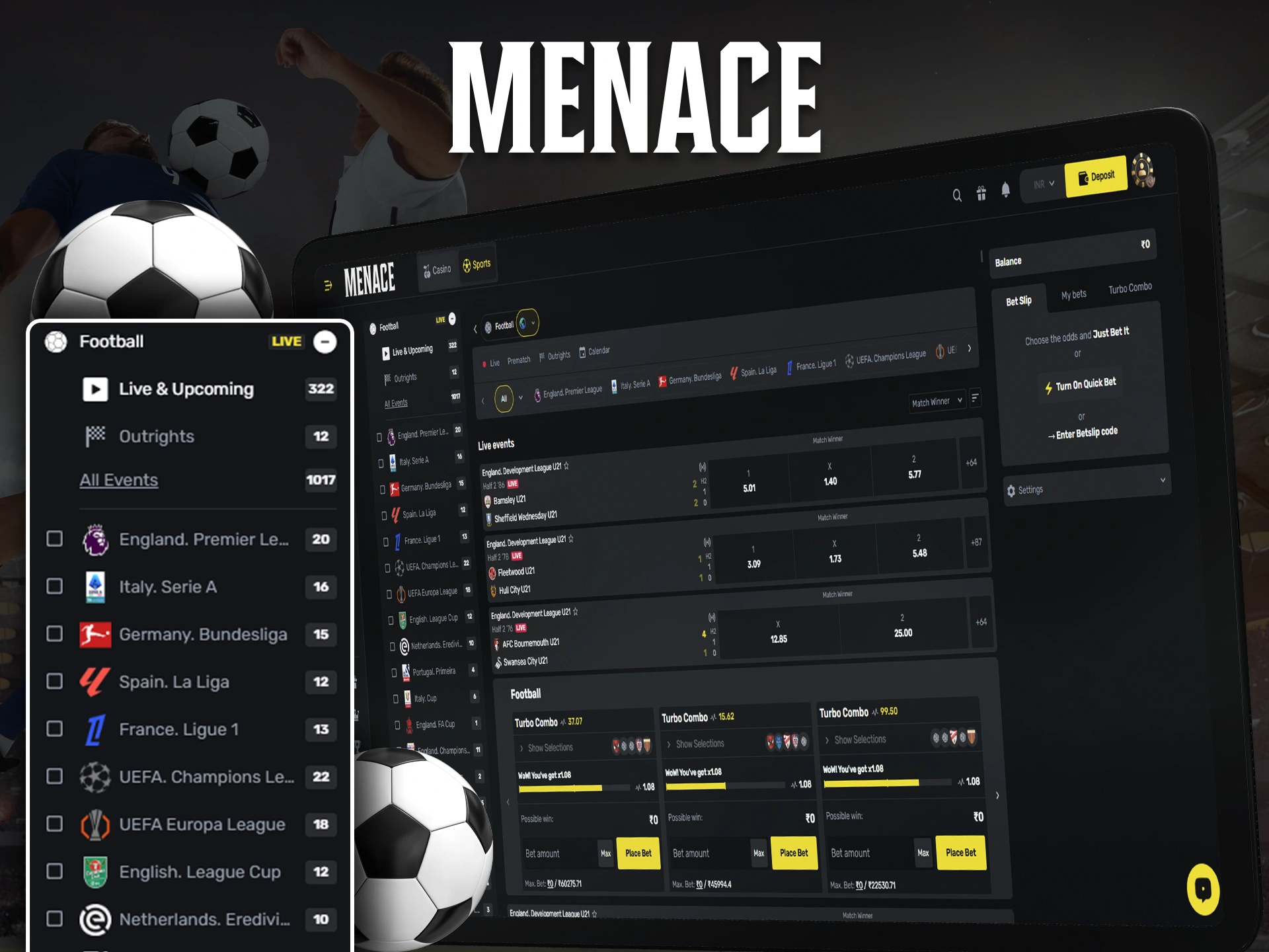 Multiply your deposit by betting on football at Menace King.