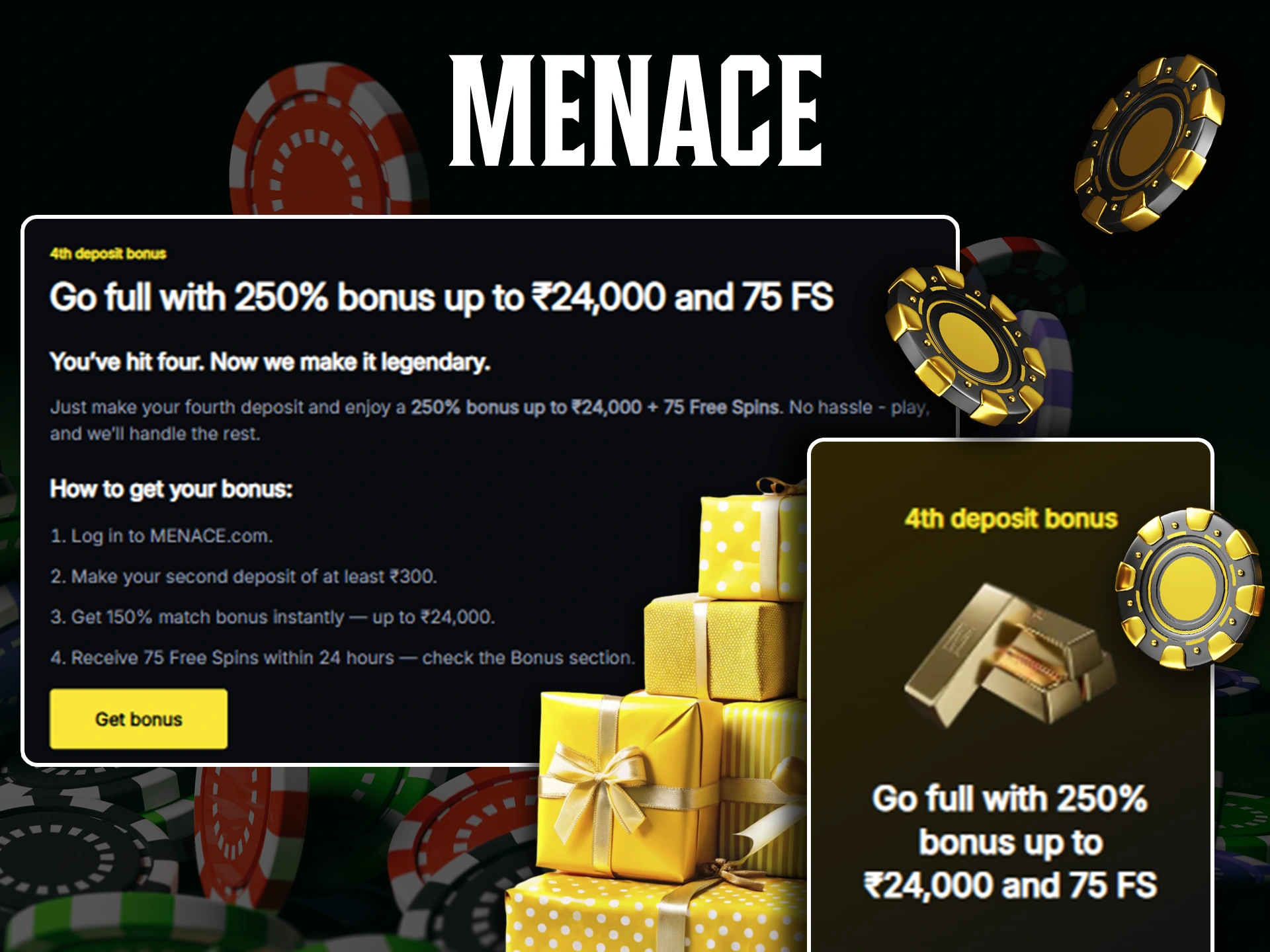 Claim your bonus after your fourth deposit at Menace King.