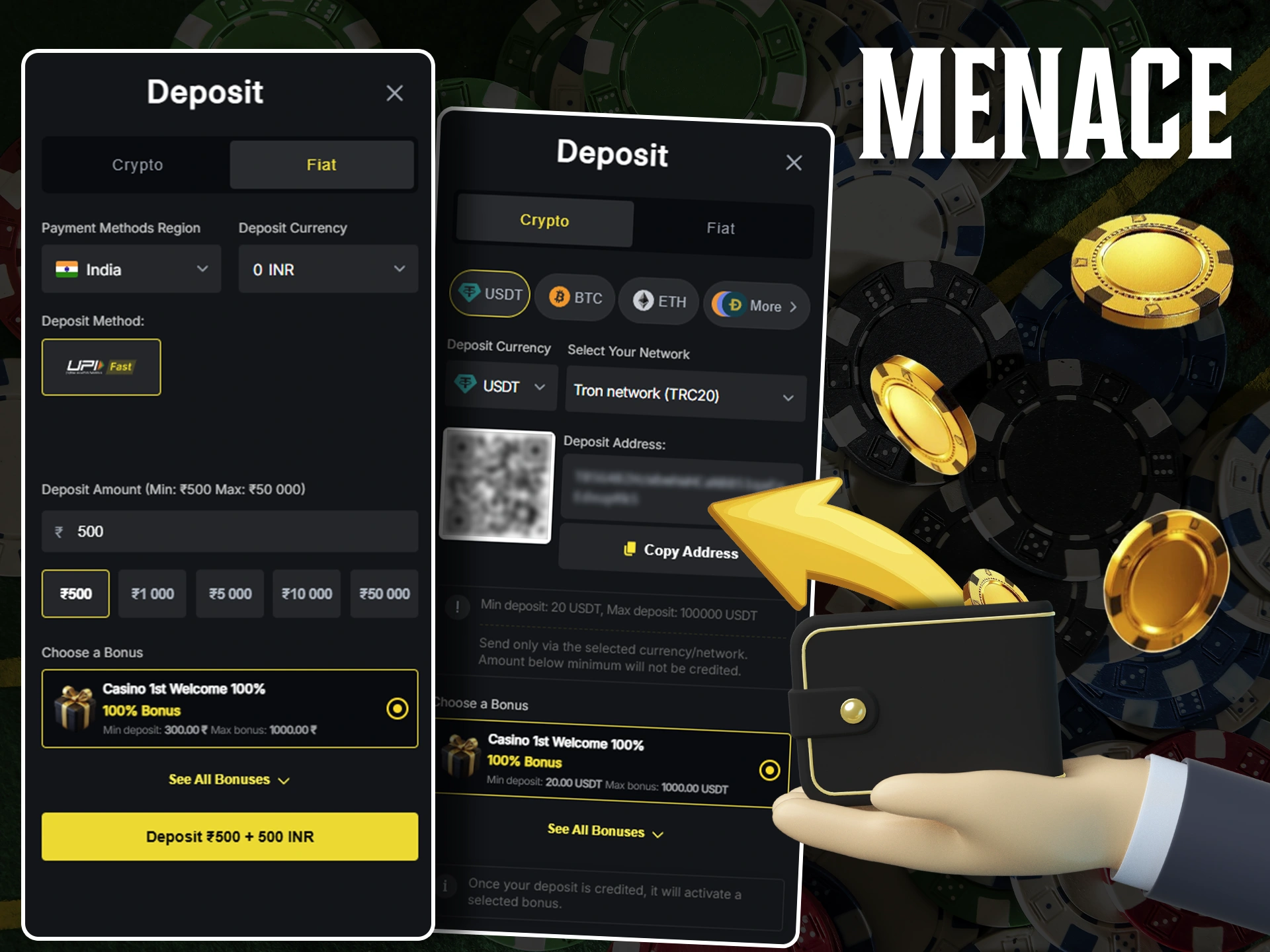 Top up your account using convenient methods offered by Menace King.
