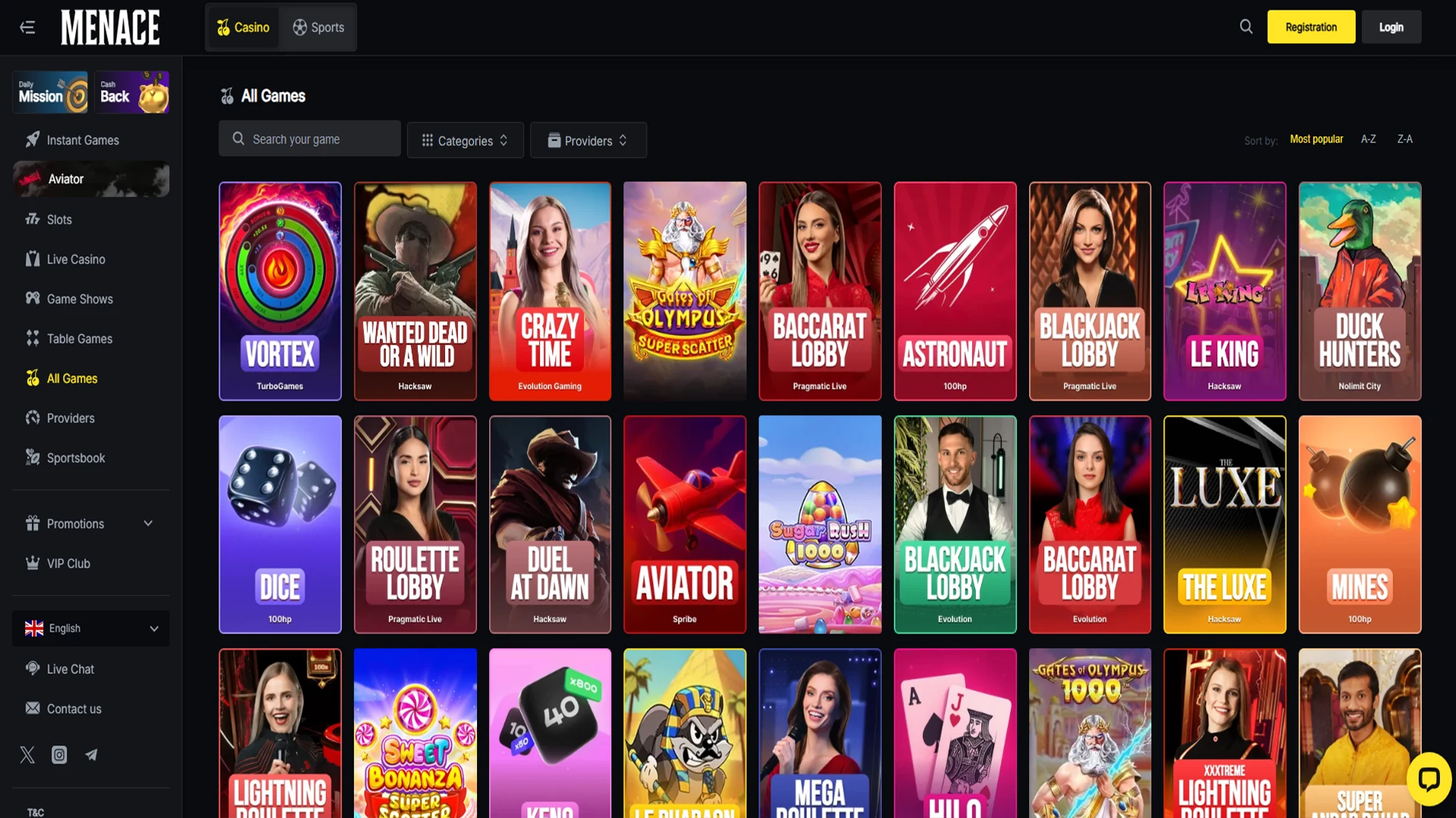 Find a winning game for yourself in the Menace King casino section.