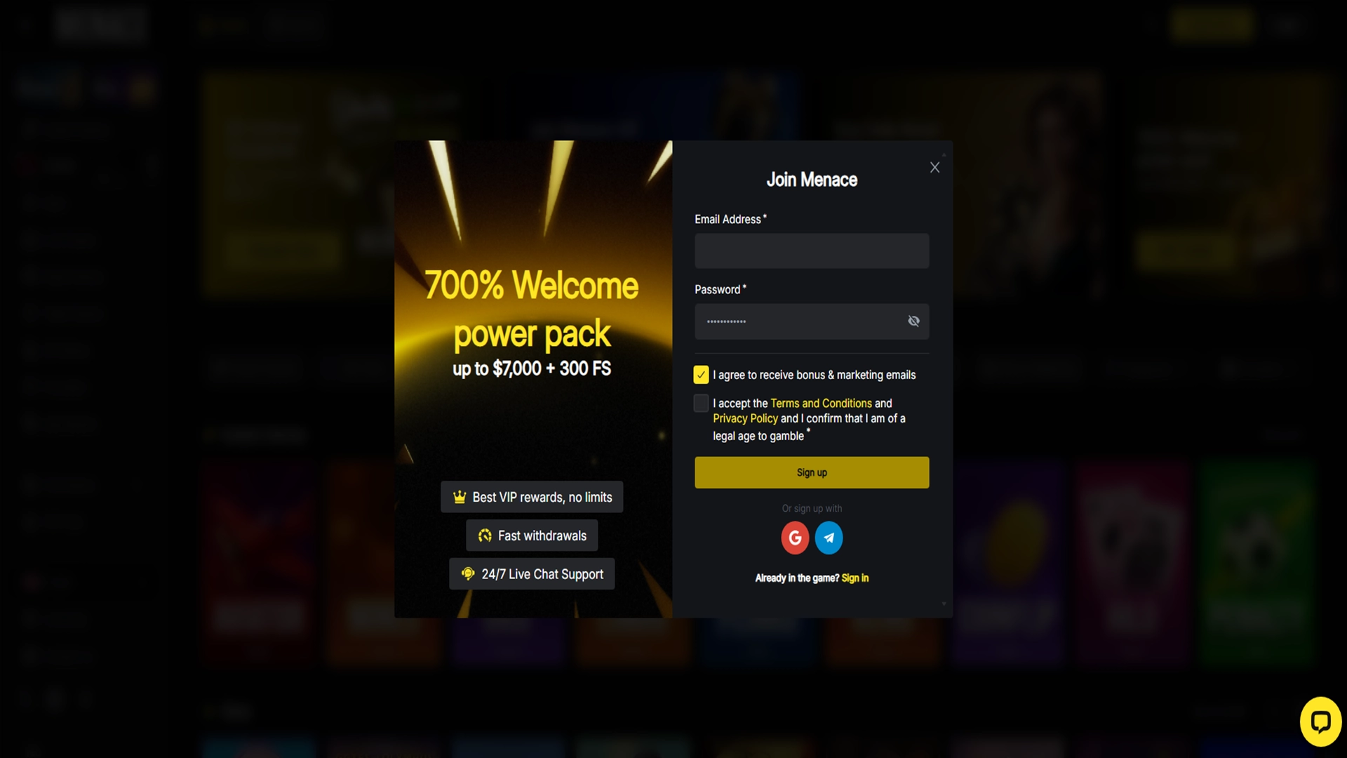 Create a personal account to start betting at Menace King.