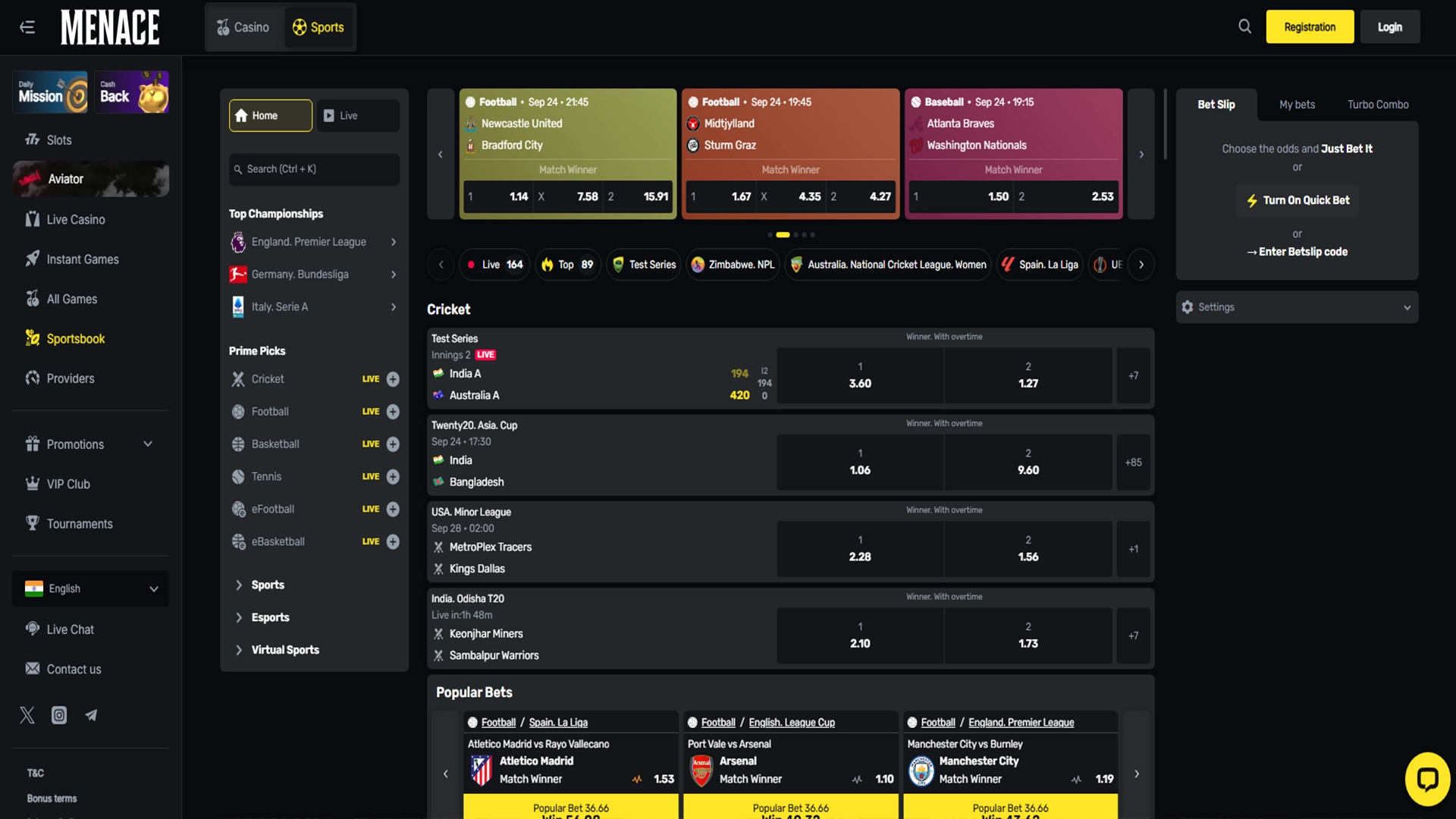 Menace King offers a wide range of sports and betting options.